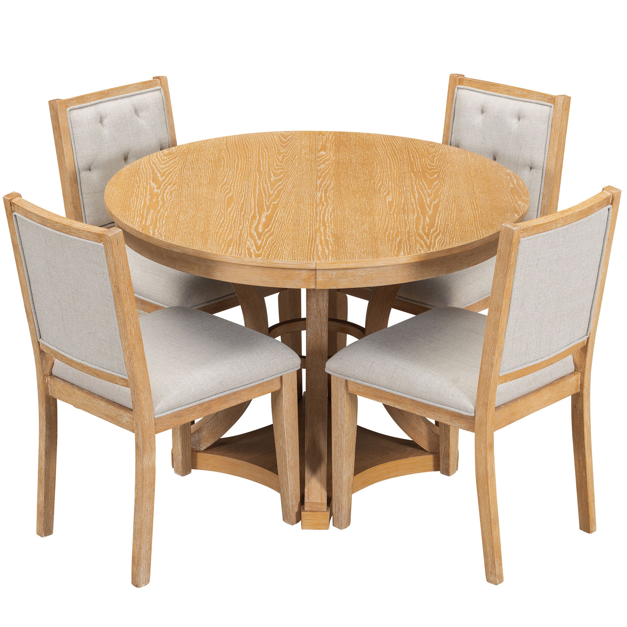 Retro Round Dining Table Set with Extendable Round Table and 4 Upholstered Chairs
