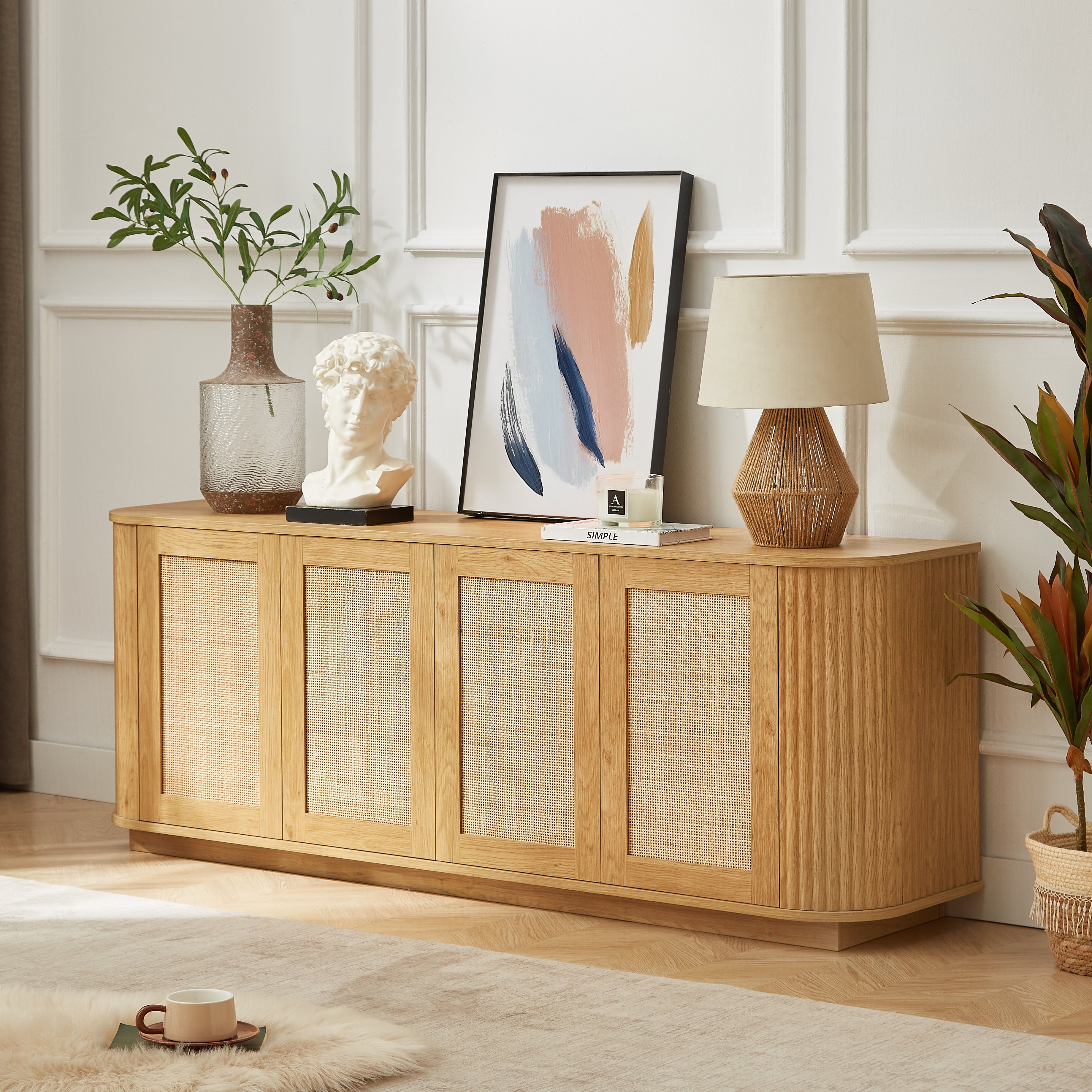 Rattan Cane Door Sideboard Storage Cabinet