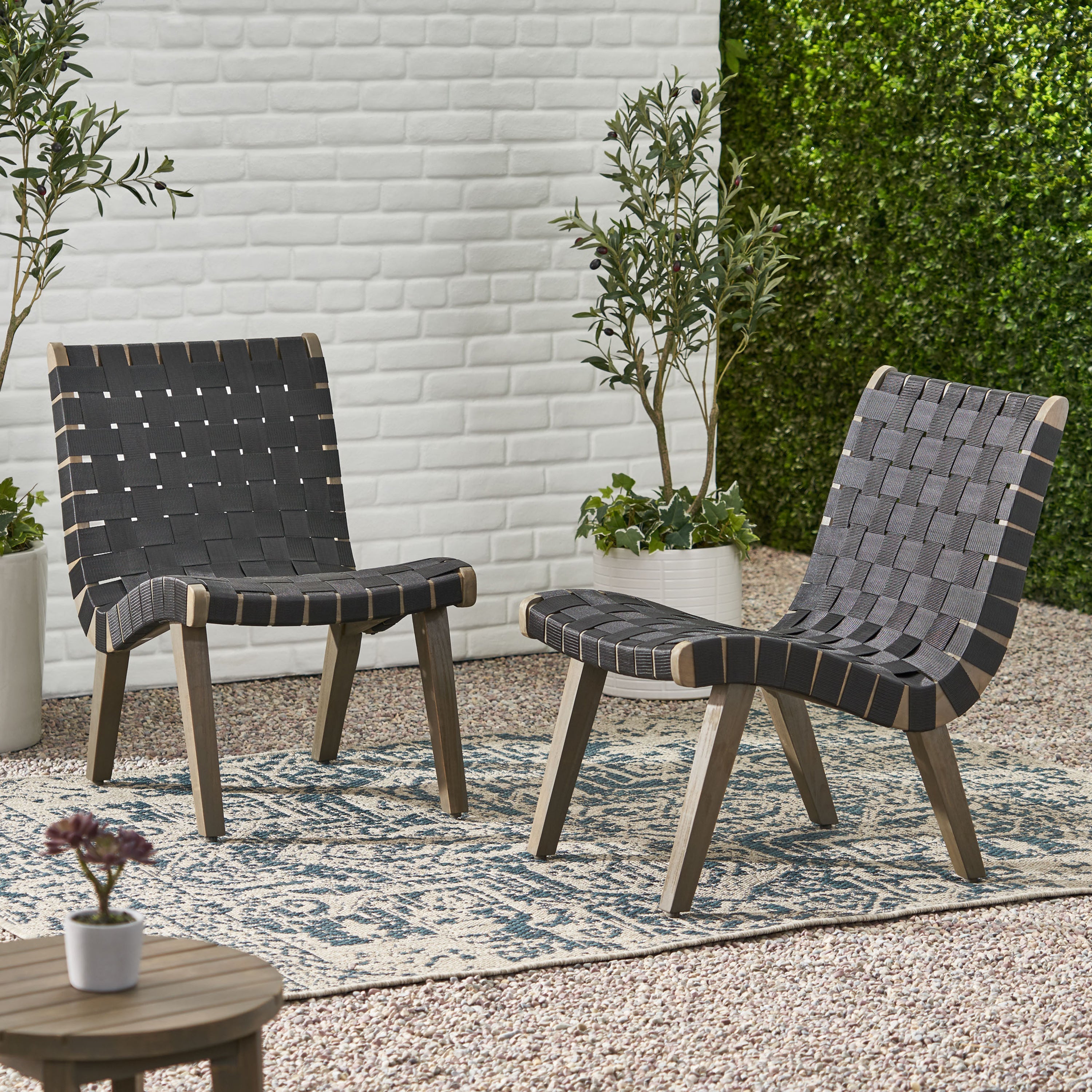 Delights Outdoor Lounge Chair with Rope Weave Design and Wood Frame, Set of 2