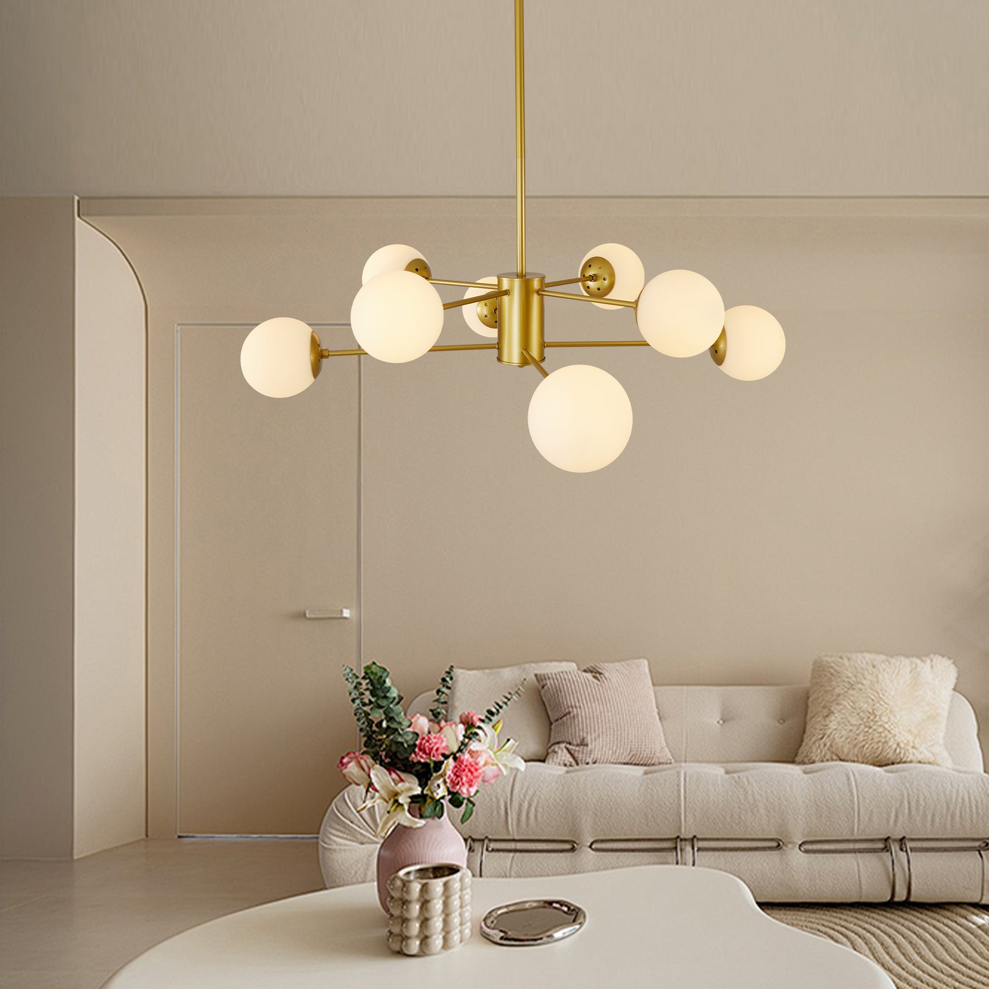 35" 8-Light Chandelier with White Glass Globe Shades