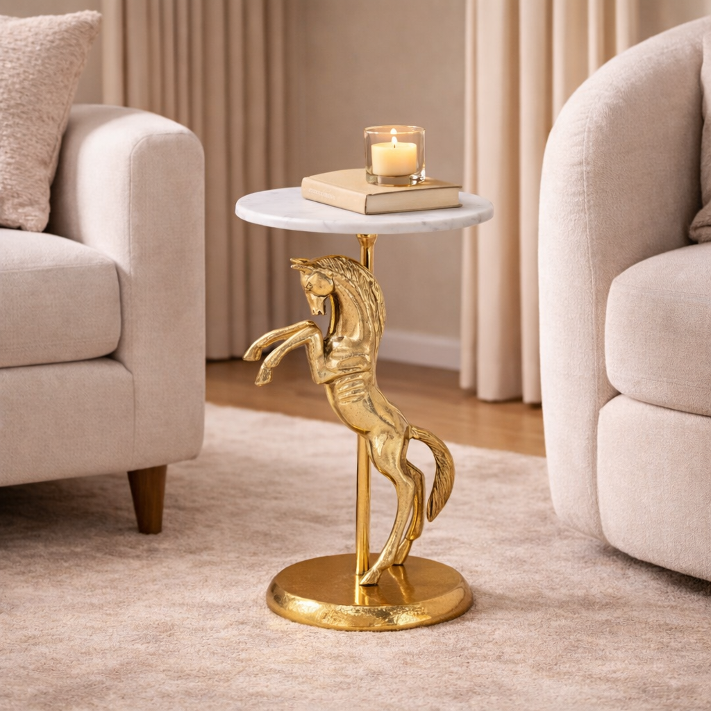 Horse Side Table with White Marble Top