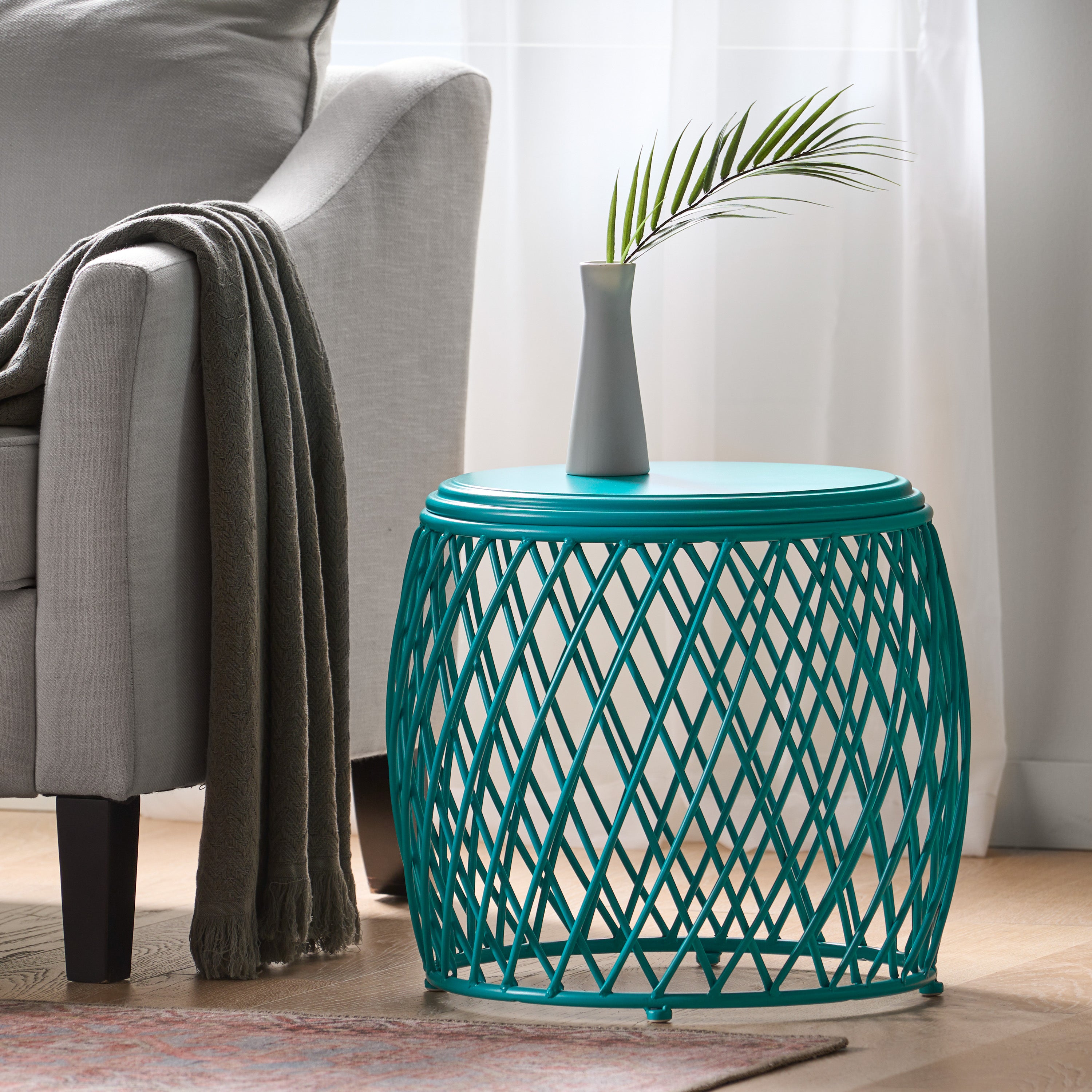 Coveted 19.75" Outdoor Cylindrical Iron Side Table with Lattice Design