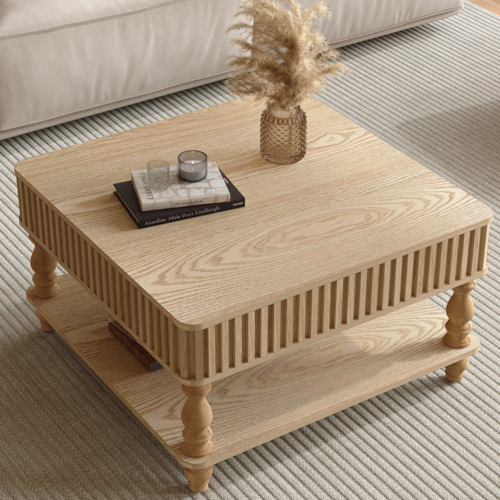 Square Fluted Lift-Top Coffee Table with Hidden & Open Storage