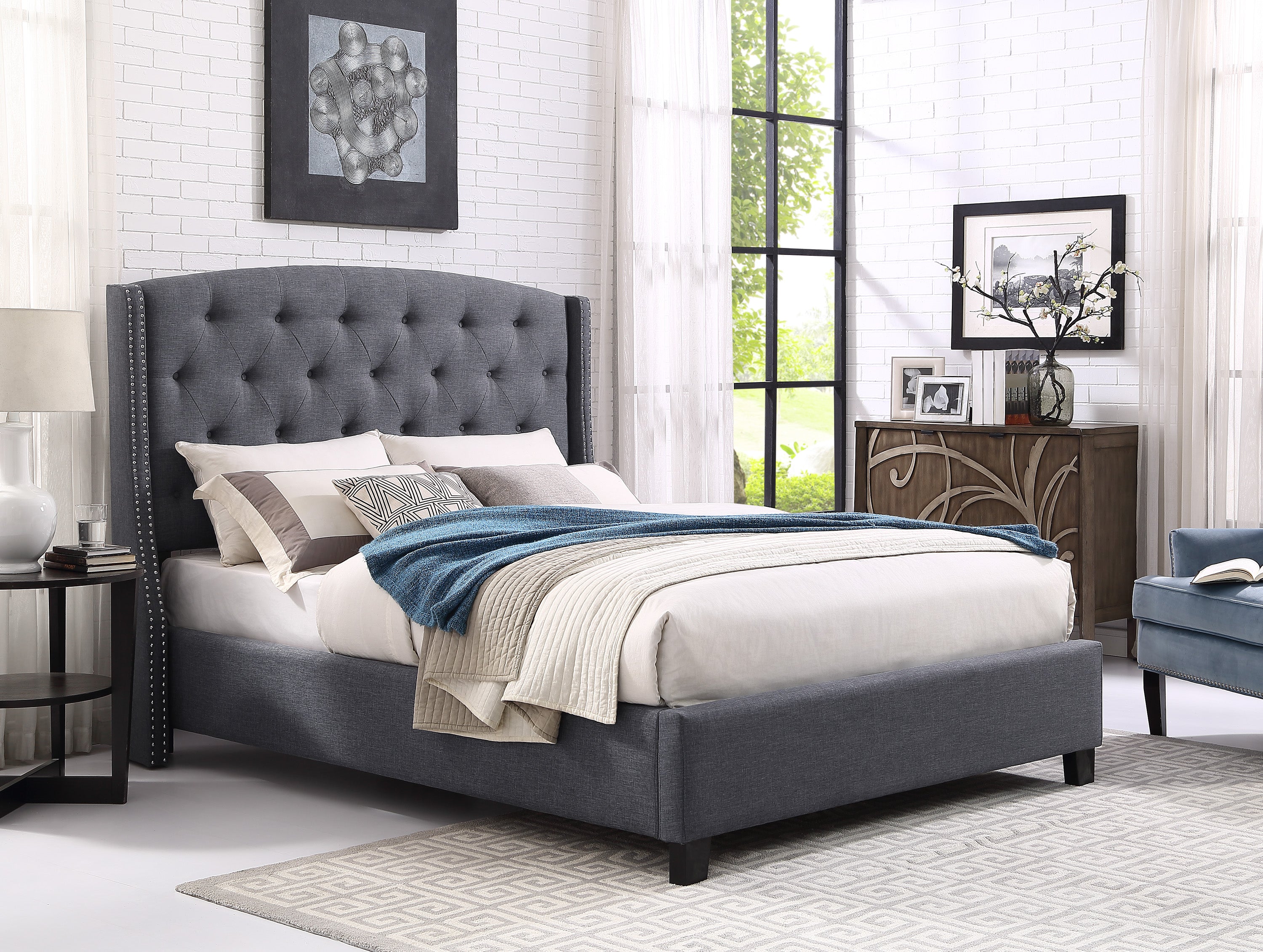 Upholstered Button Tufted Nailhead Panel Bed