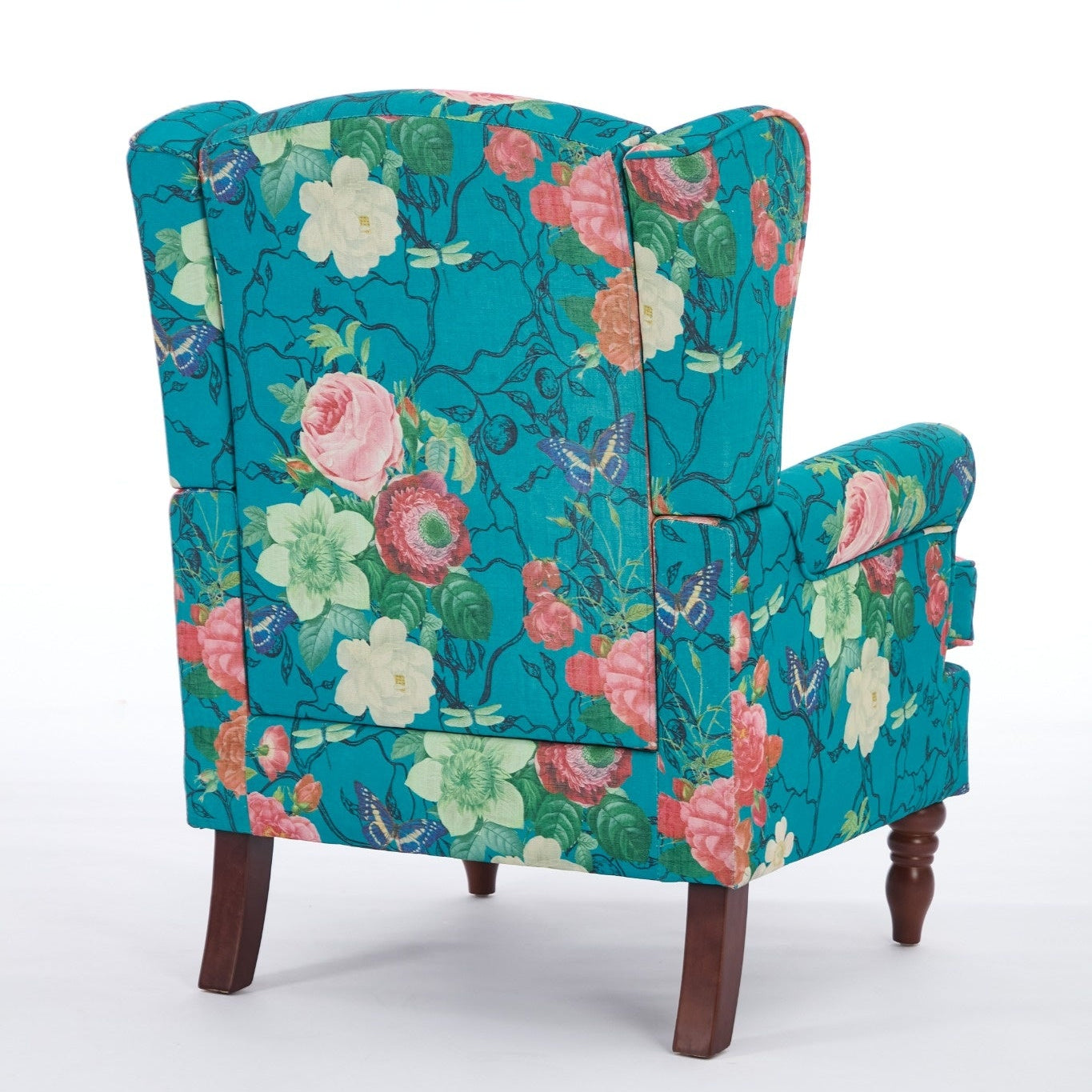Modern Floral Design Accent Chair with Retro Wood Legs