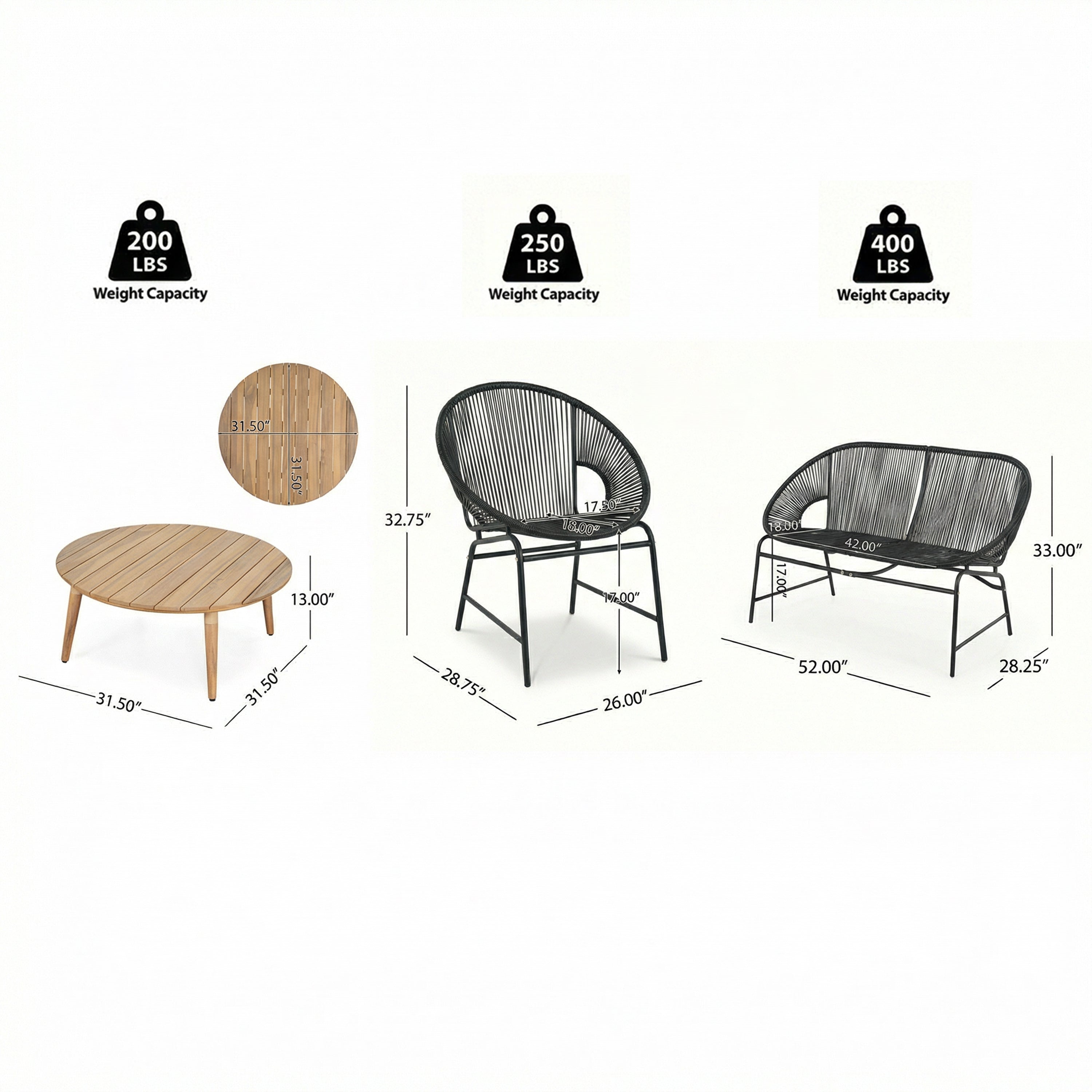 NUSA OUTDOOR PATIO 4-PCS CHAT SET, TEAL PE RATTAN & IRON FRAM FURNITURE, ACACIA WOOD TABLE