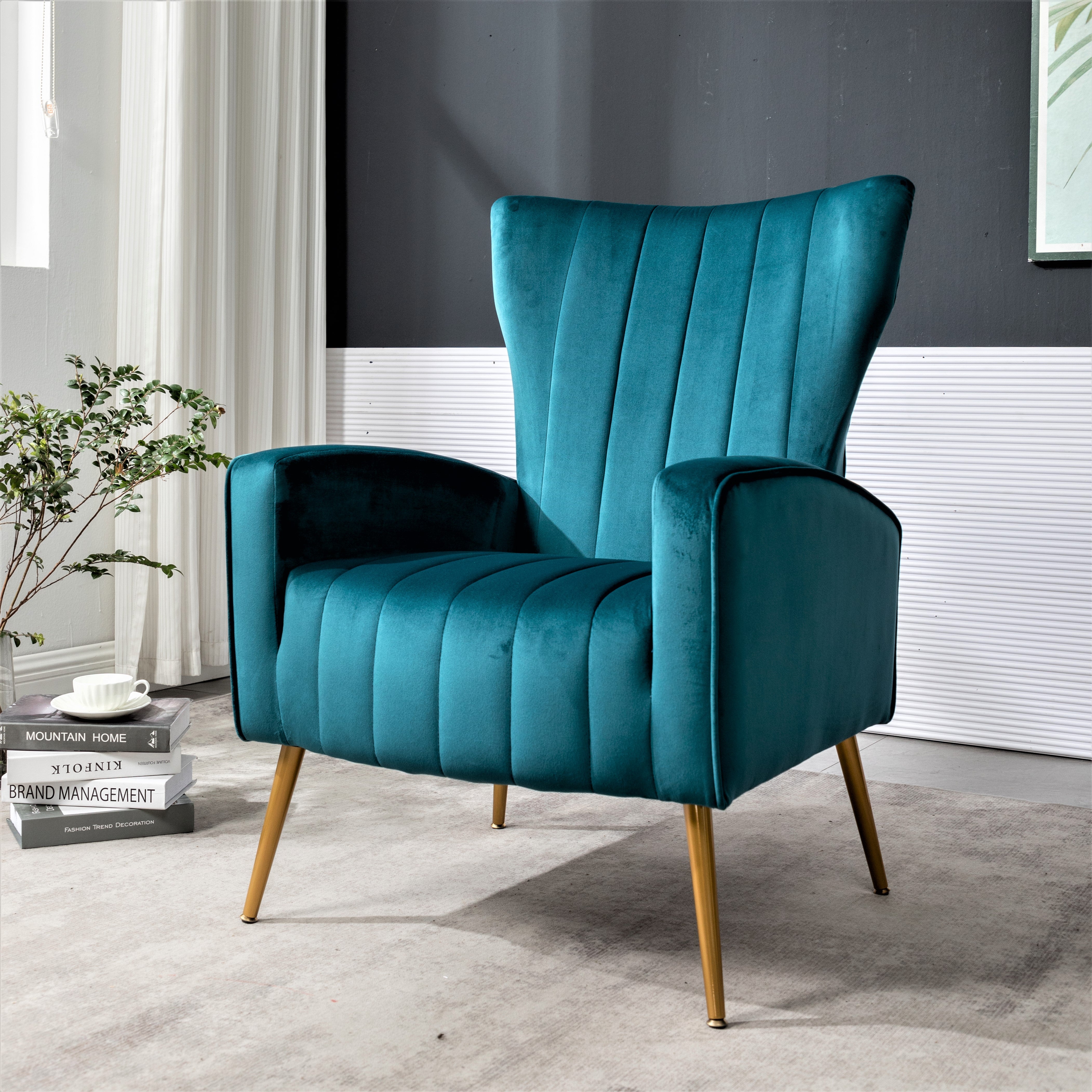 Velvet Accent Chair with Metal Legs, Modern Upholstered Armchair, Wingback Side Chair for Living Room Bedroom Small Spaces