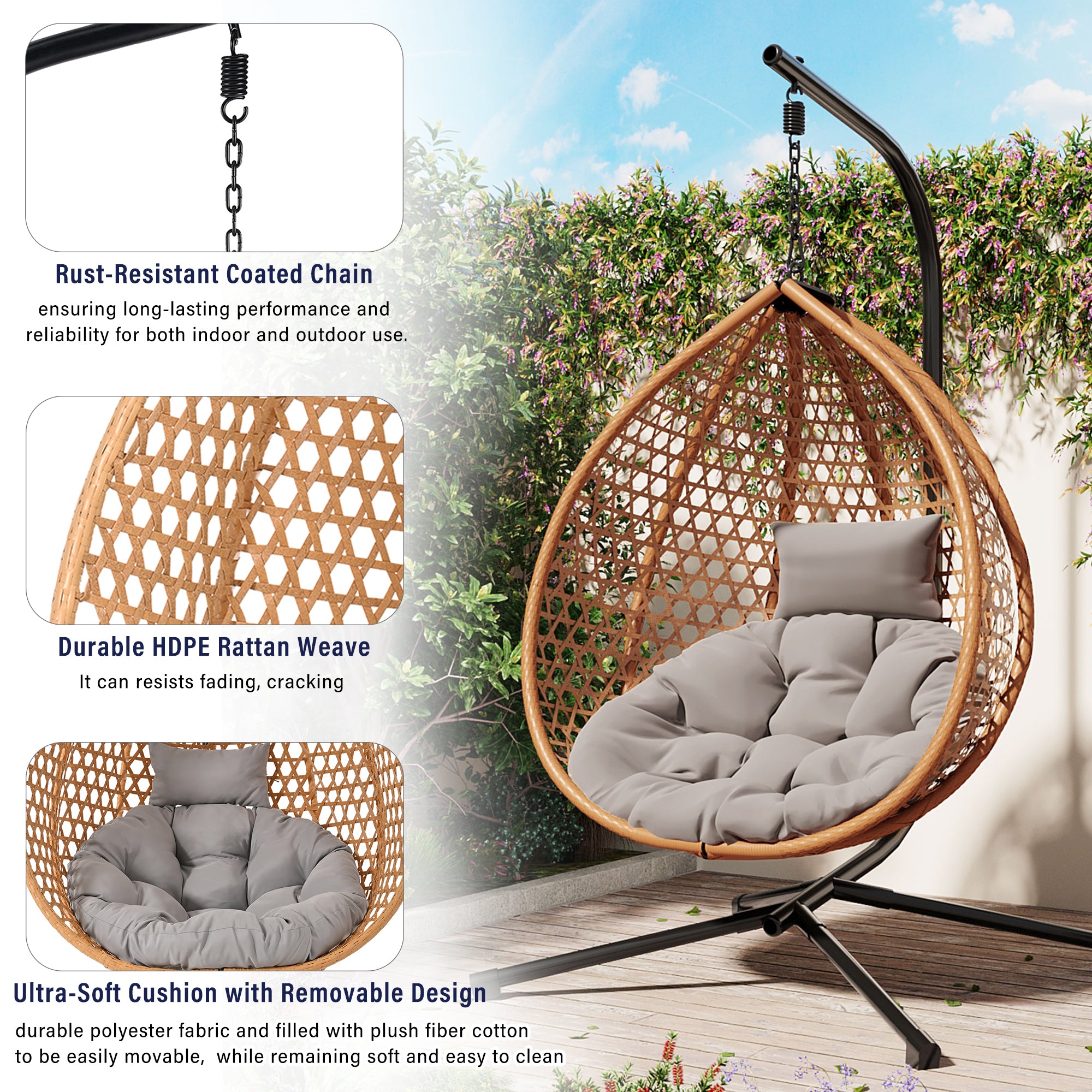 Hanging Swinging Egg Chair with Rattan Weaving, Base Included