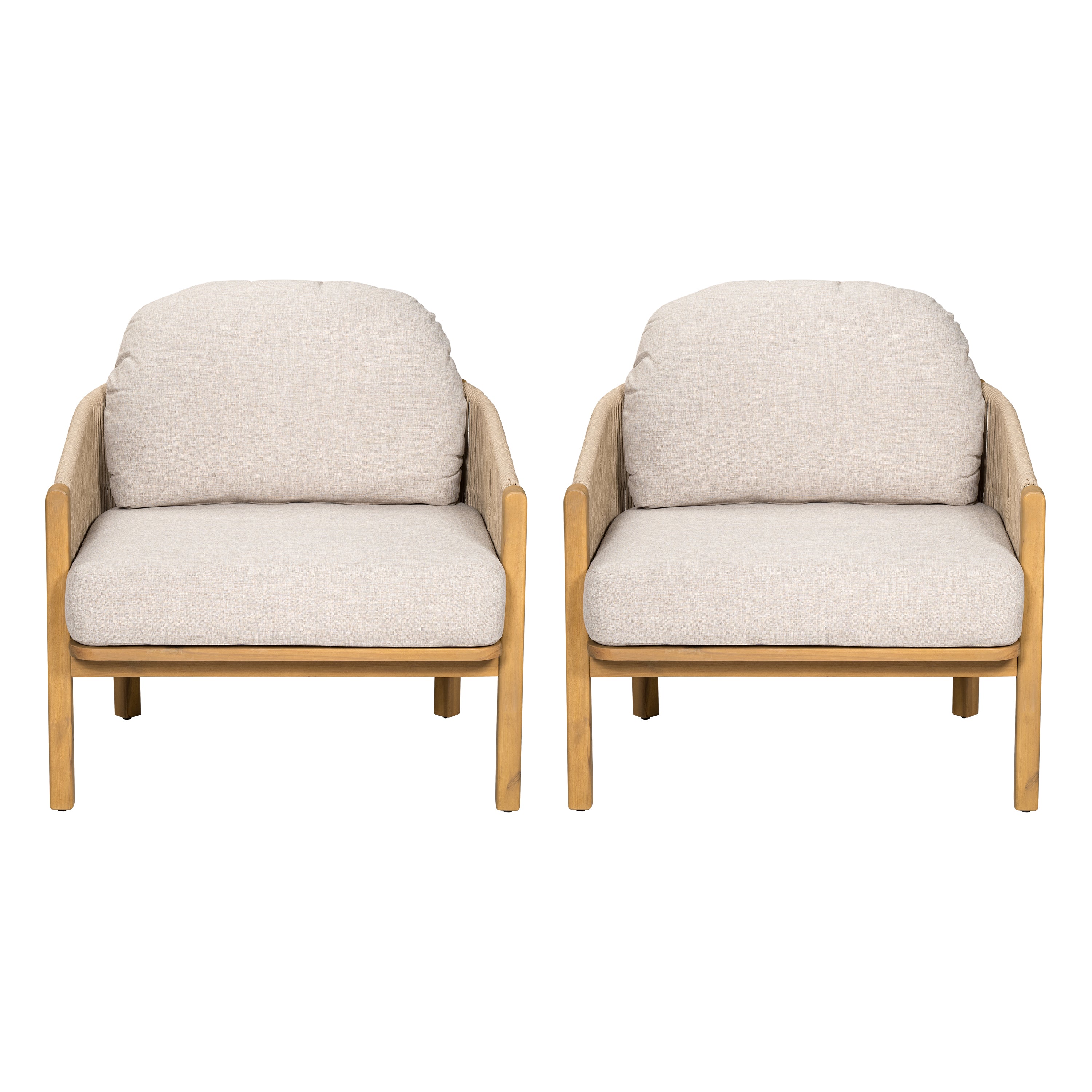 Grotta Outdoor Wood Club Chair, Beige Rope with Beige Cushion
