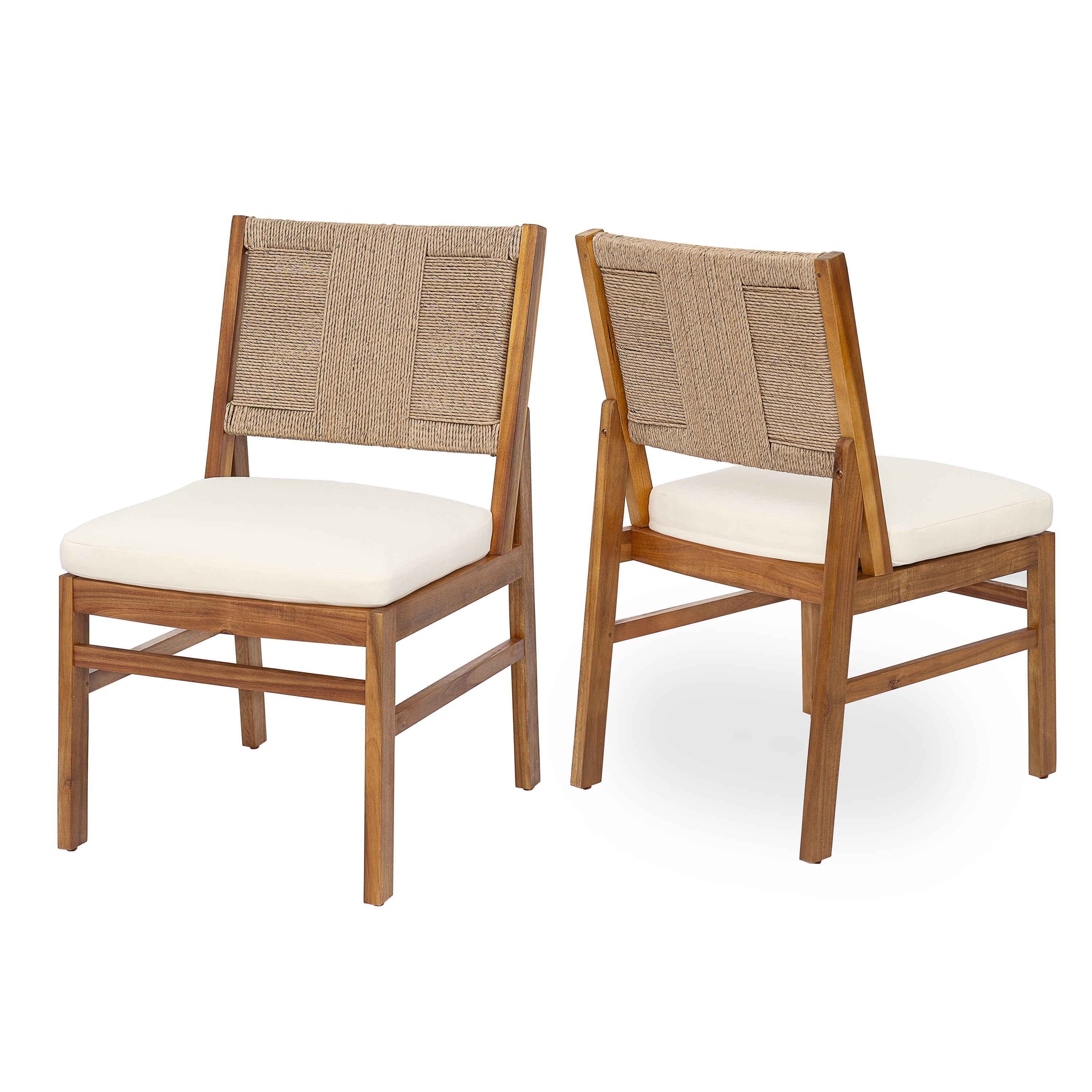 Monica Outdoor Wood and Wicker Woven Dining Chair with Cushions, Set of 2
