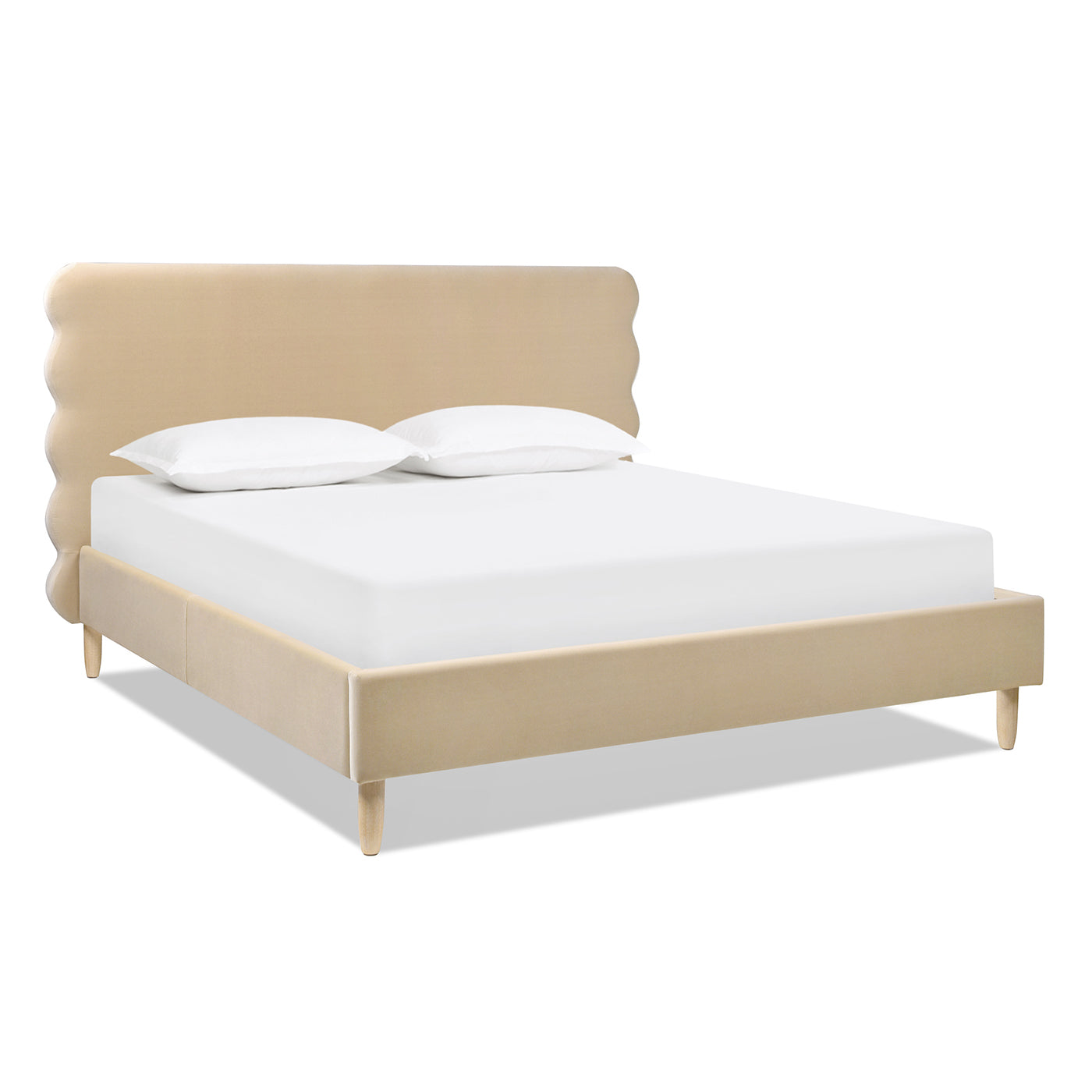 Essencee Upholstered Platform Bed with Wavy Headboard and Wood Legs