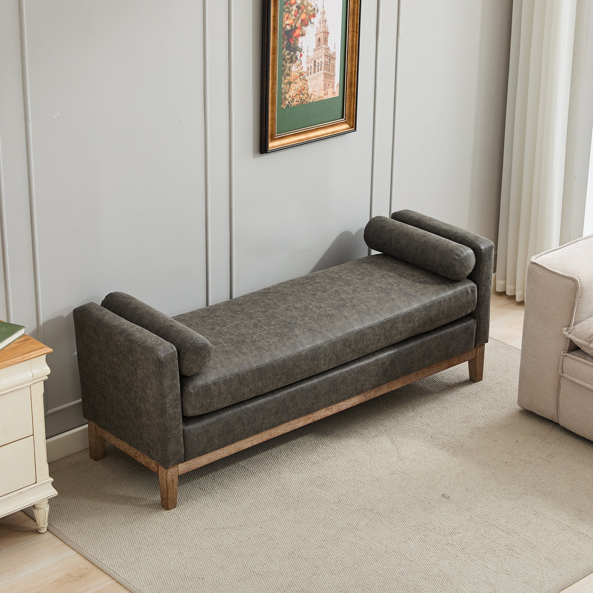 Upholstered Bench with Wood Legs and Two Bolster Pillows