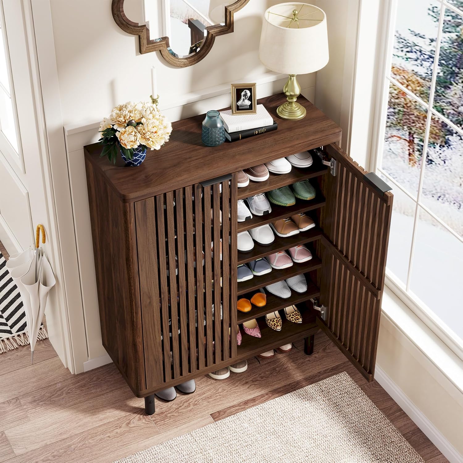 Modern Black Wooden 6-Tier Shoe Cabinet with Louvered Doors