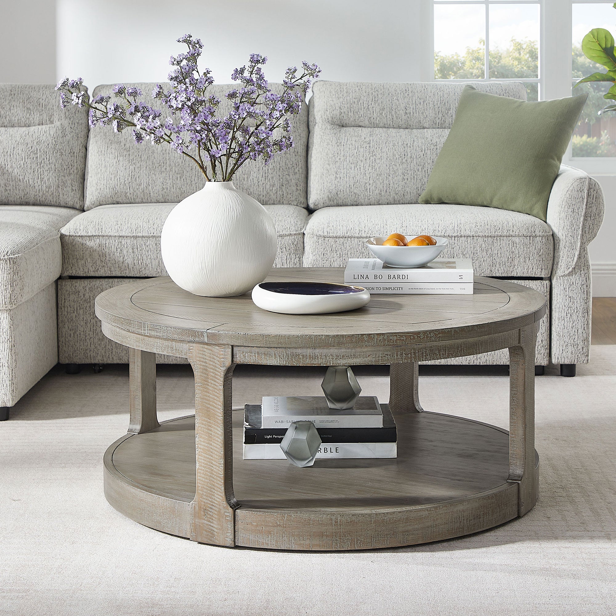 40inch Large Curved 2 Tier Traditional Round Circle Wooden Center Coffee Table,Rounded Table with Wheels,Mid Century Rustic Style Table for living Room,Office,Apartment,Light Brown