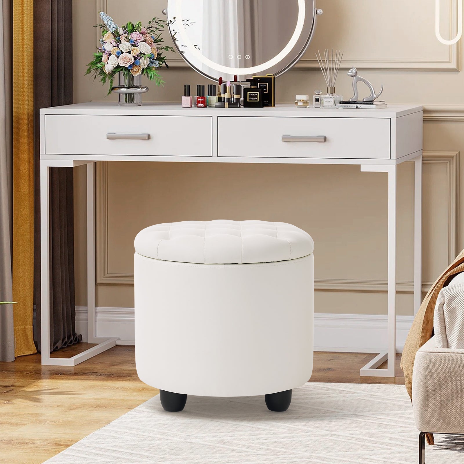 Small Upholstered Circle Pouf Footstool with Removable Lid Storage