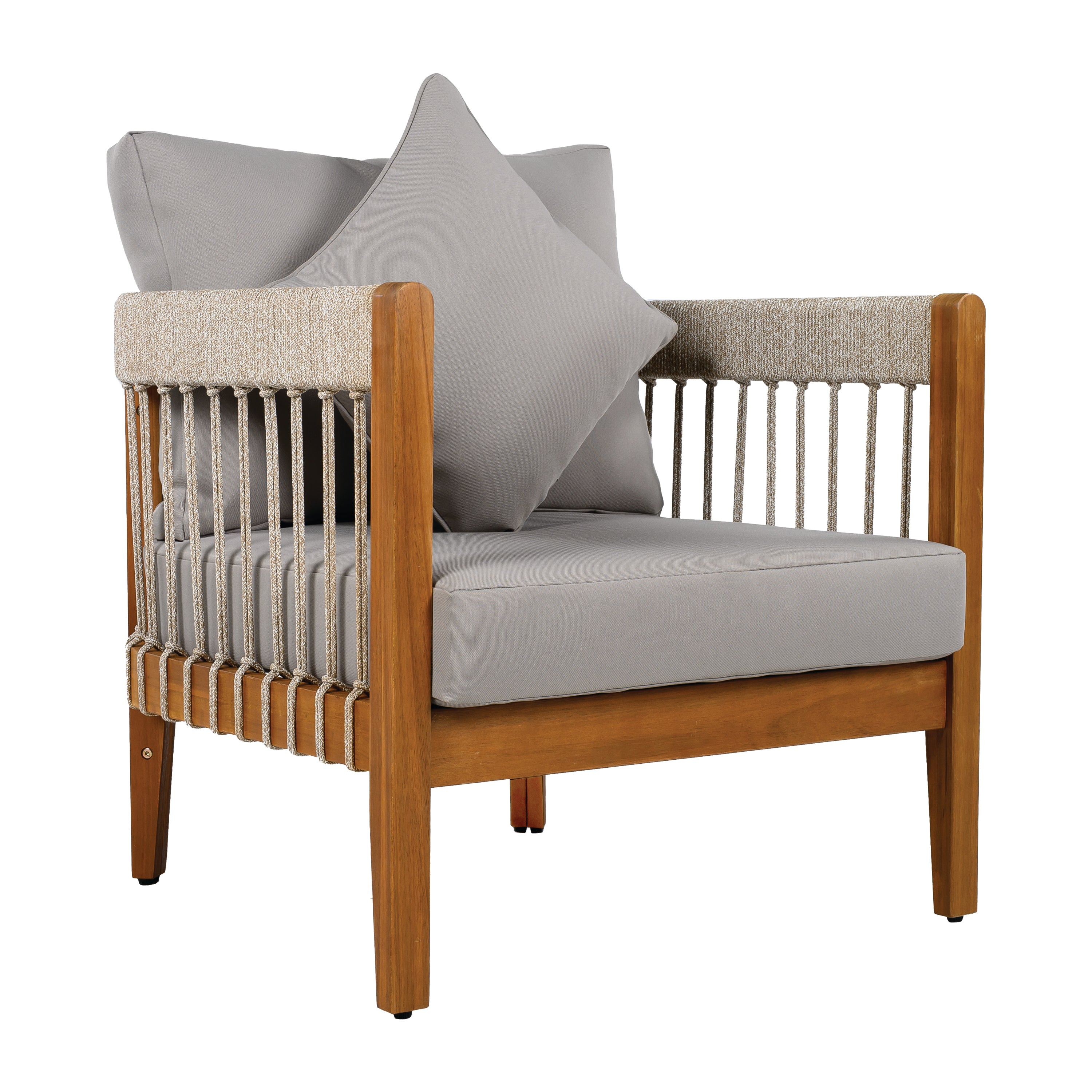 Azari Outdoor Acacia Wood Club Chair with Handwoven Rope Accents & Curved Backrest