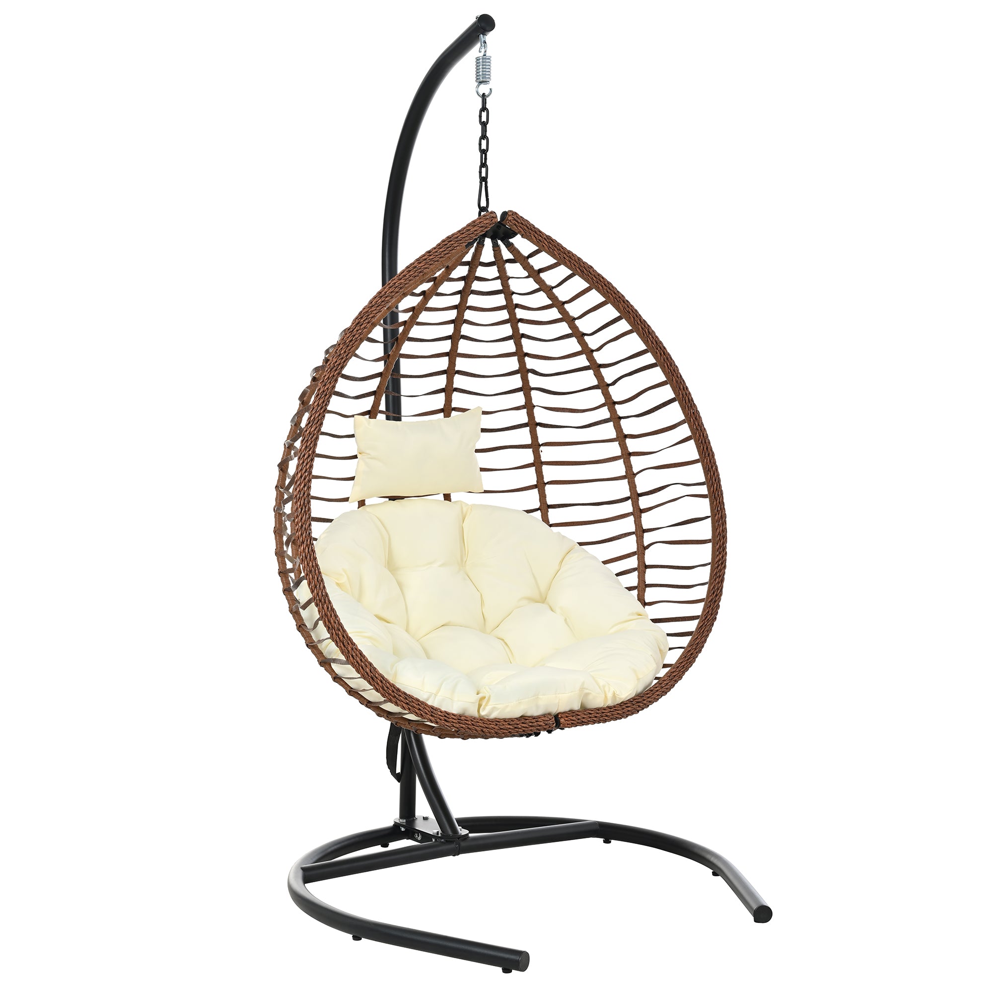 Foldable Rattan Egg Swing Chair with Iron Frame, Plush Cushion & Removable Headrest