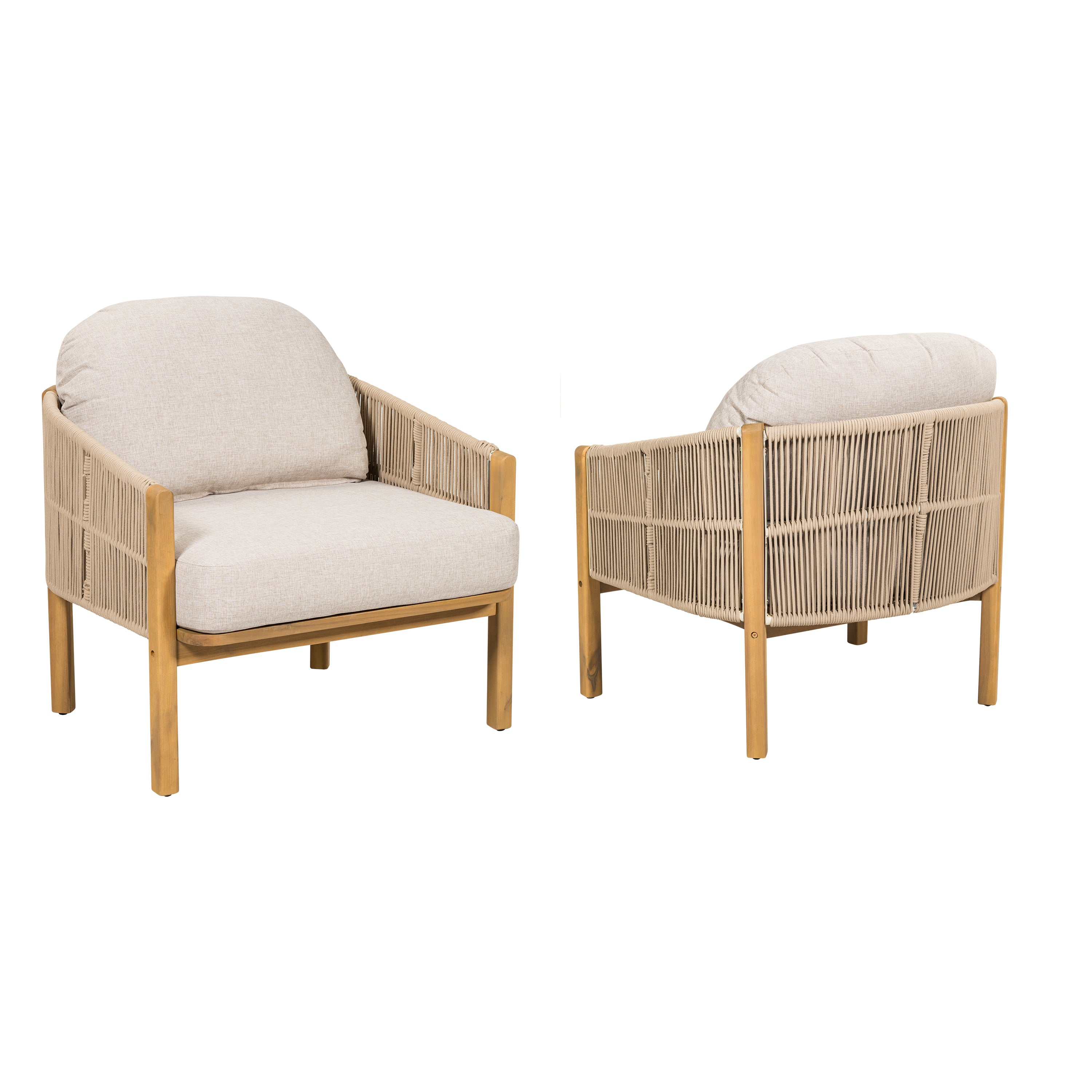 Grotta Outdoor Wood Club Chair, Beige Rope with Beige Cushion