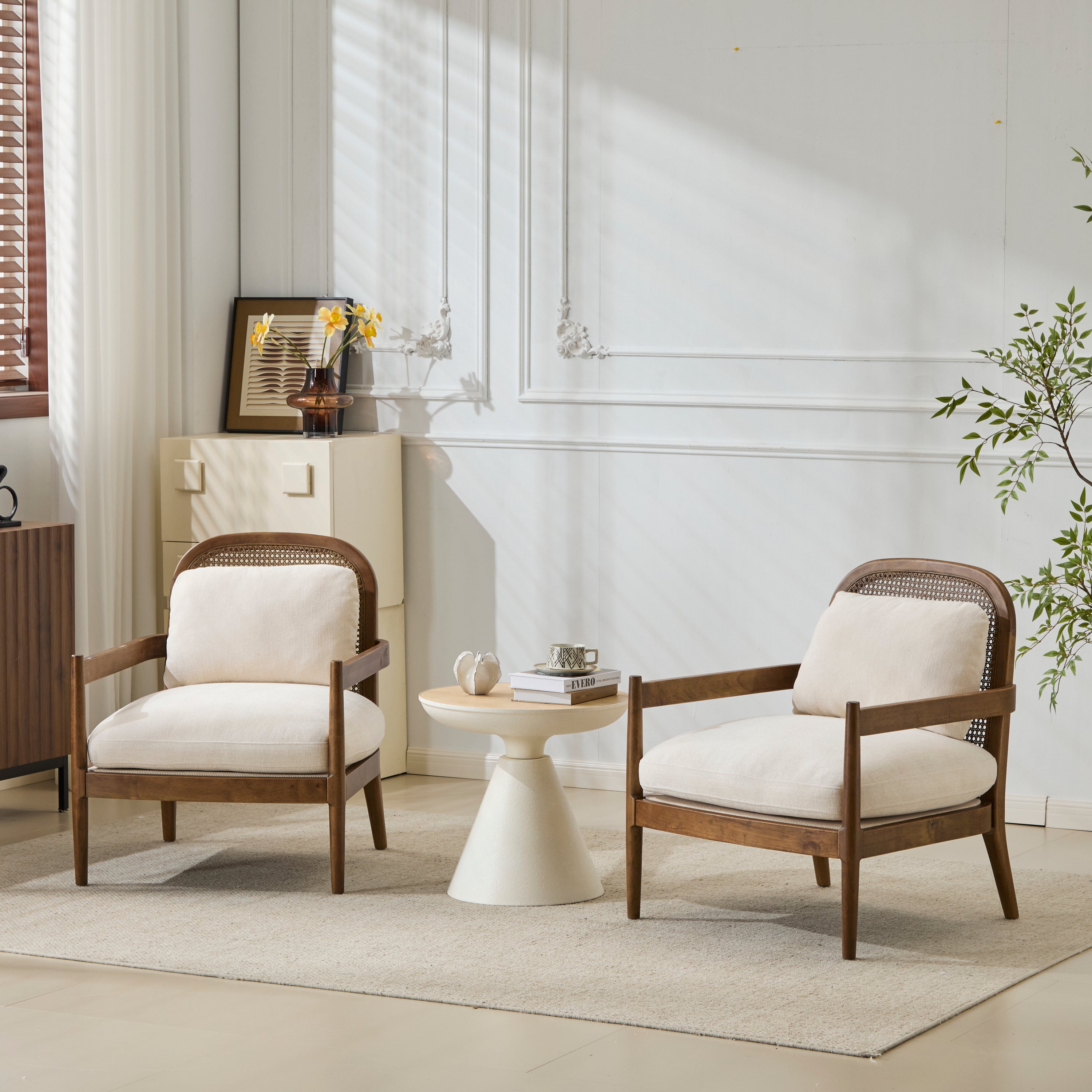 Elliston Solid Wood and Rattan Accent Chair with Cushions, Set of 2