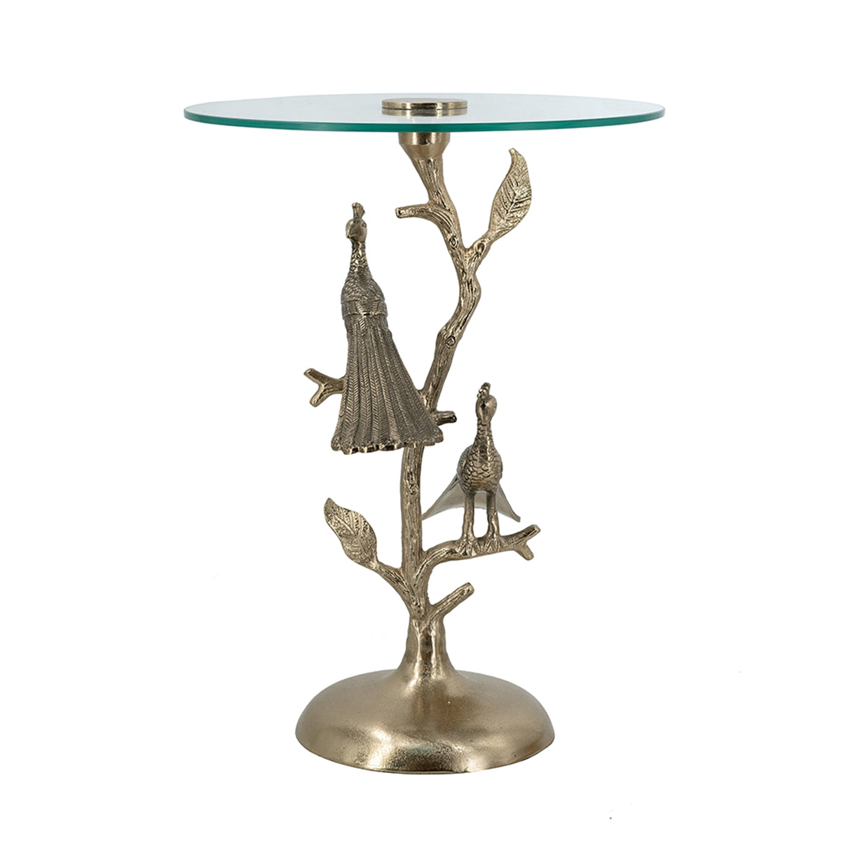 Gold Peacock Side Table With Round Glass Top