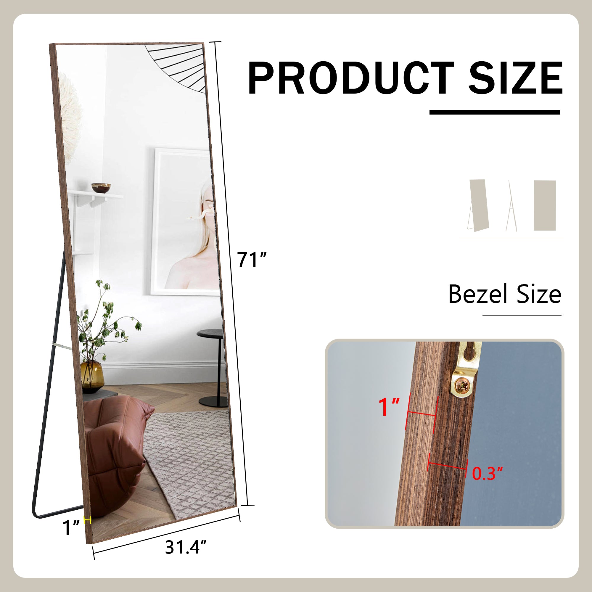 71" Mirror with Metal Stand and Solid Wood Frame