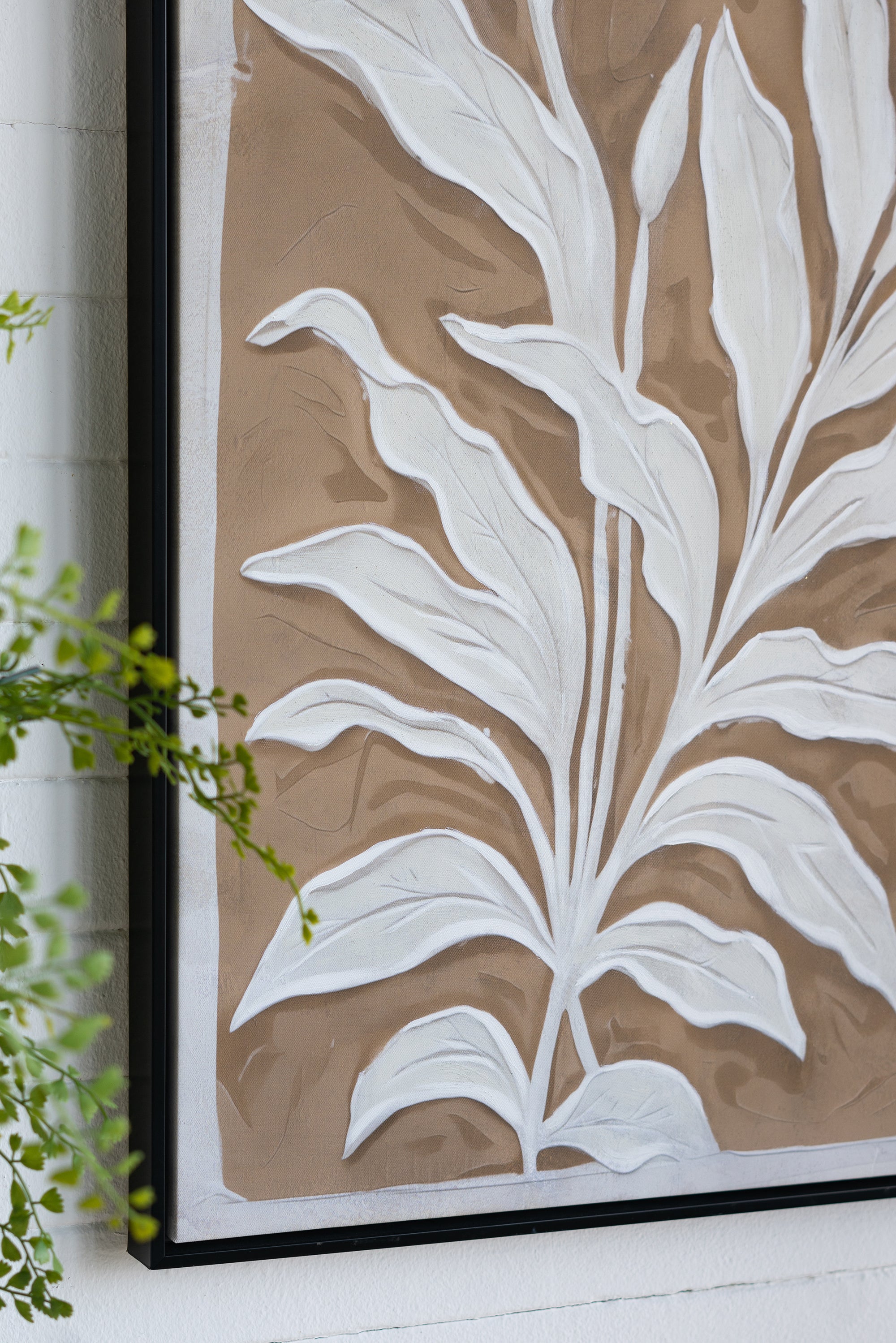 Brown and White Minimalist Leaf Paintings with Black Frame, Set of 2