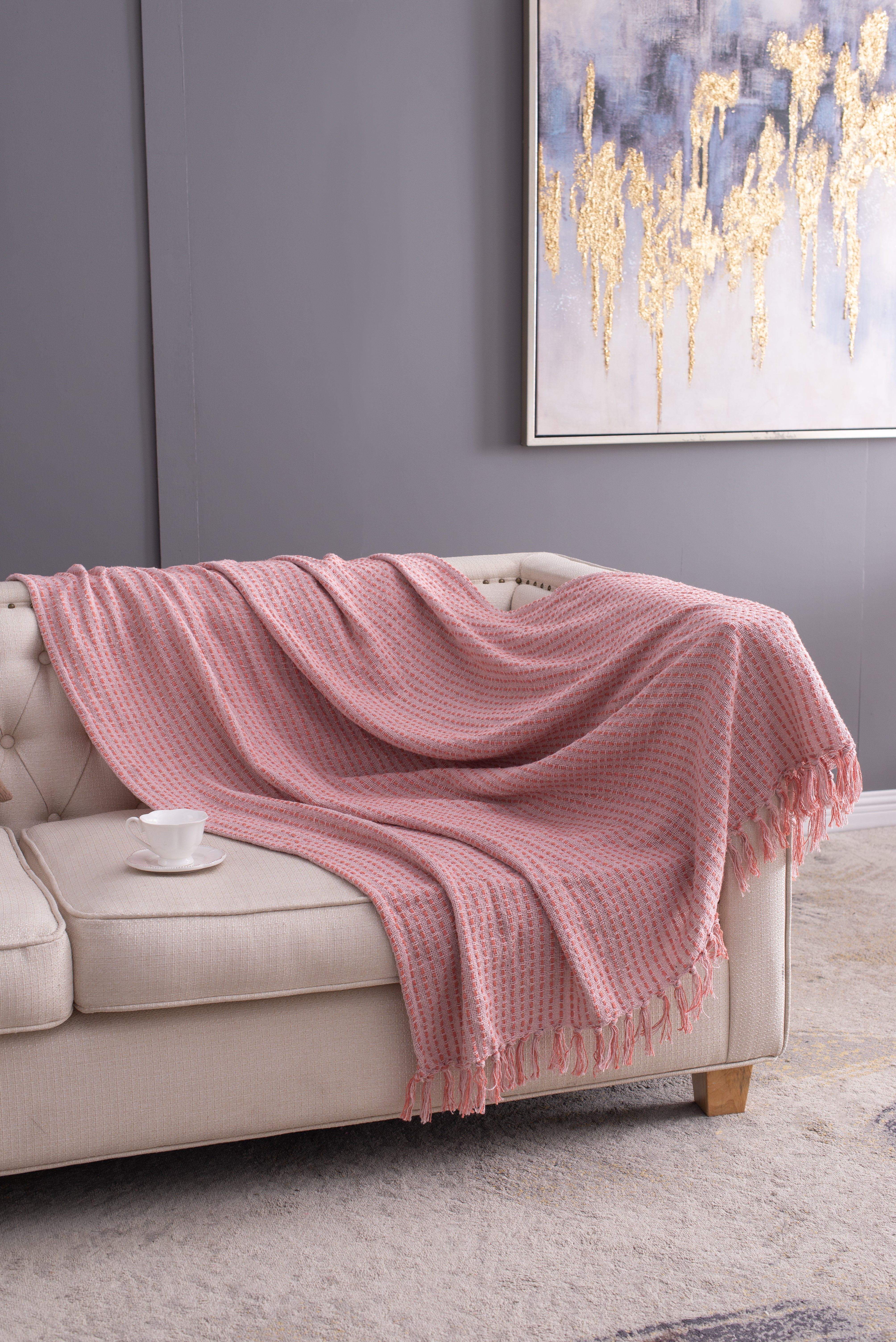 50x60' Decorative Pink Cotton Throw Blanket with Tassels, 2 Pack