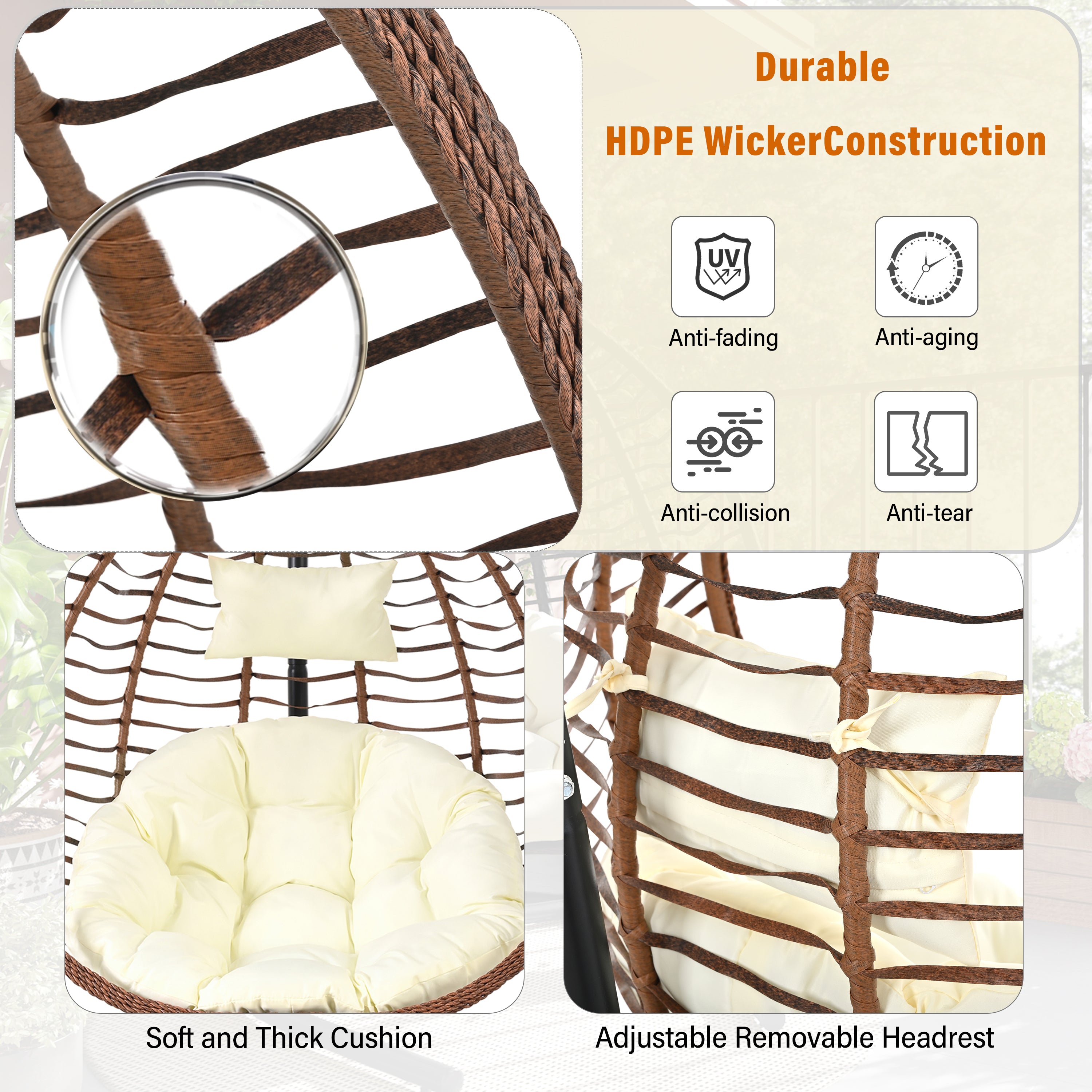 Foldable Rattan Egg Swing Chair with Iron Frame, Plush Cushion & Removable Headrest