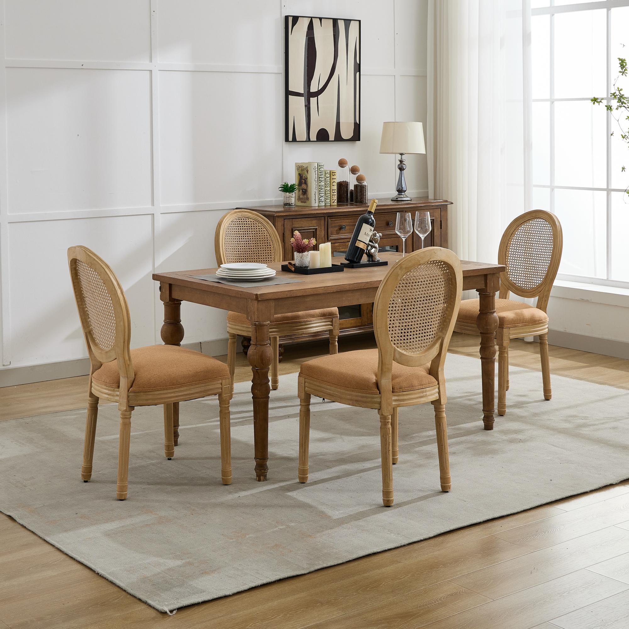 French Country Dining Chairs with Round Rattan Backrest, Set of 2