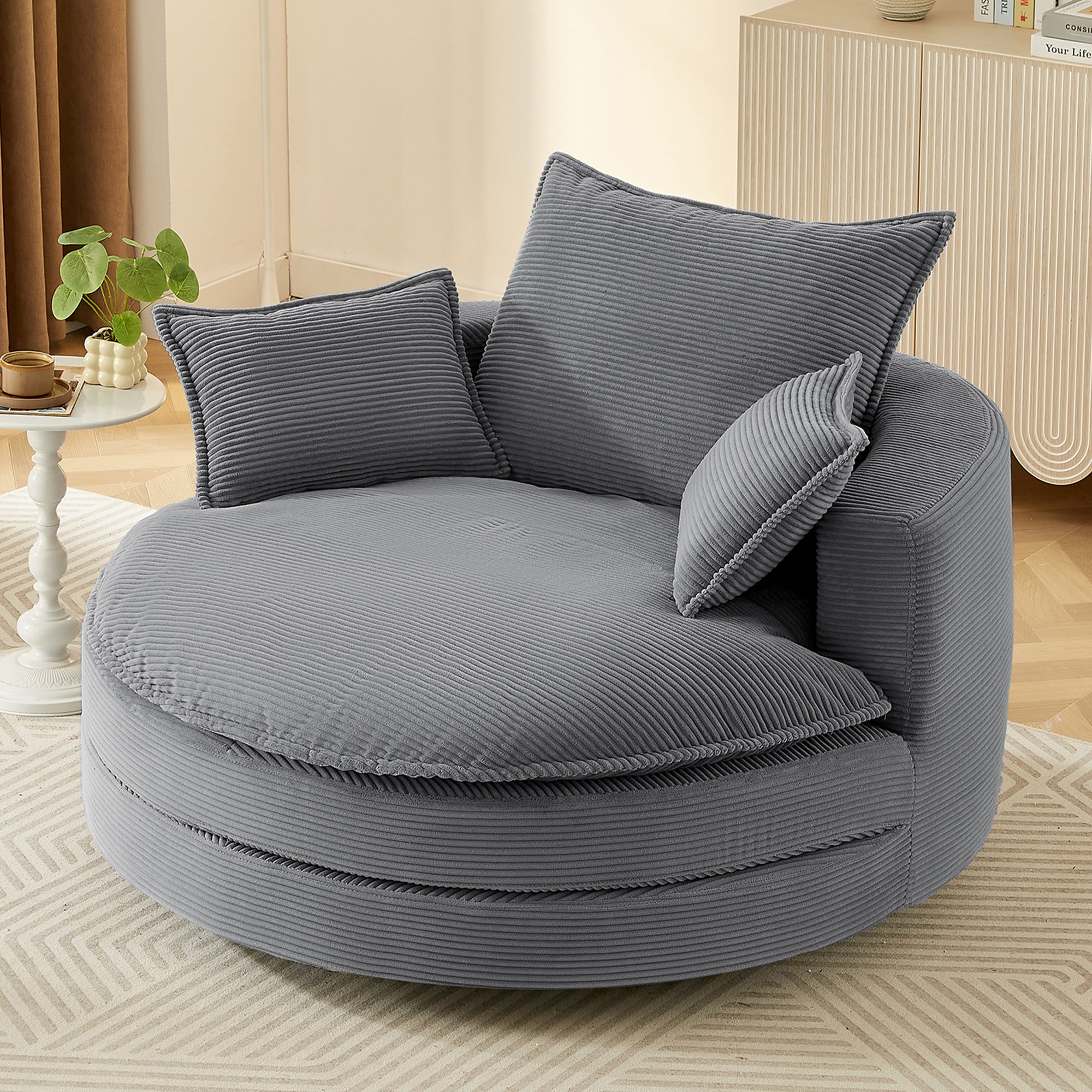 Corduroy 360° Swivel Accent Barrel Chair with 3 Removable Pillows