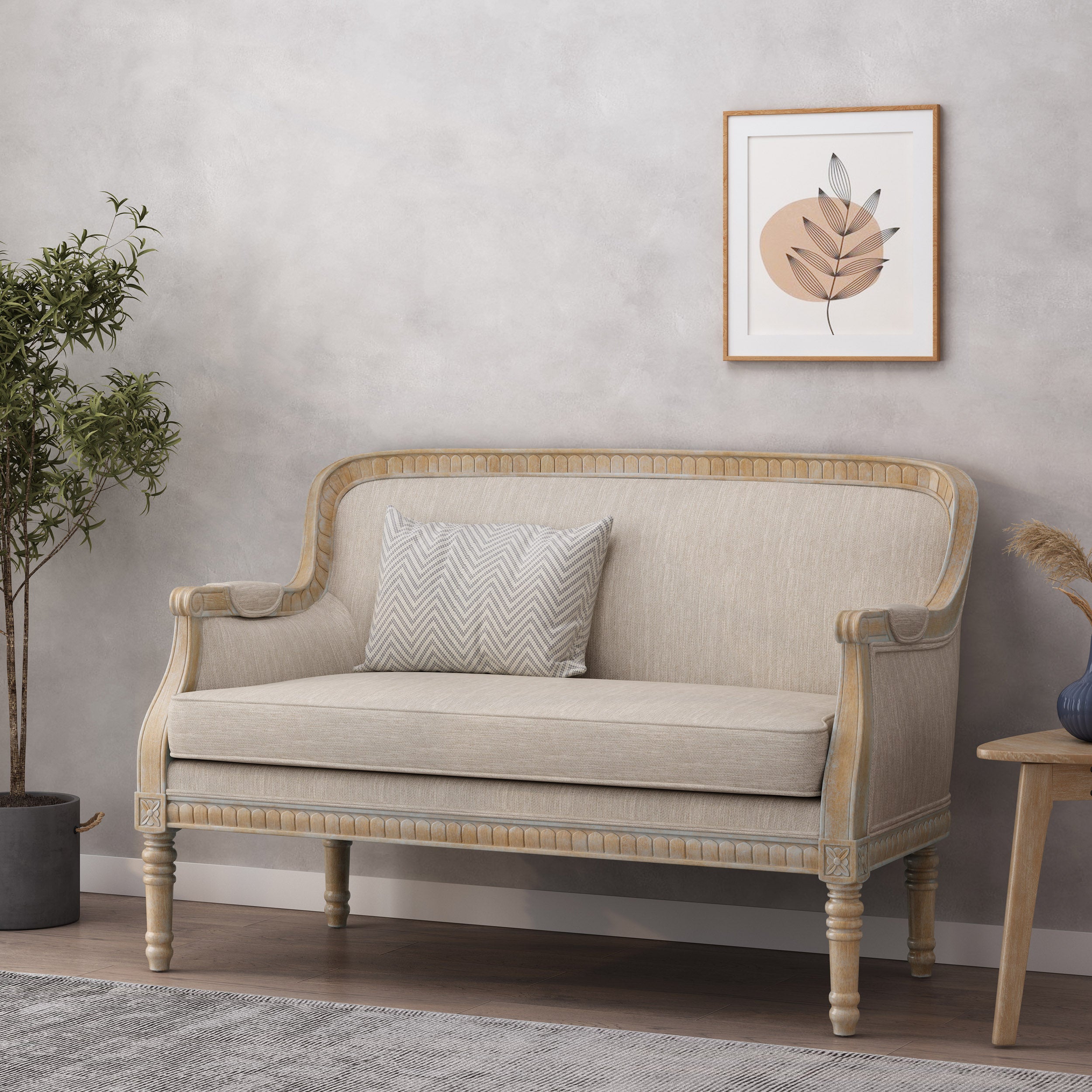 Upholstered Loveseat with Turned Legs and Recessed Arms