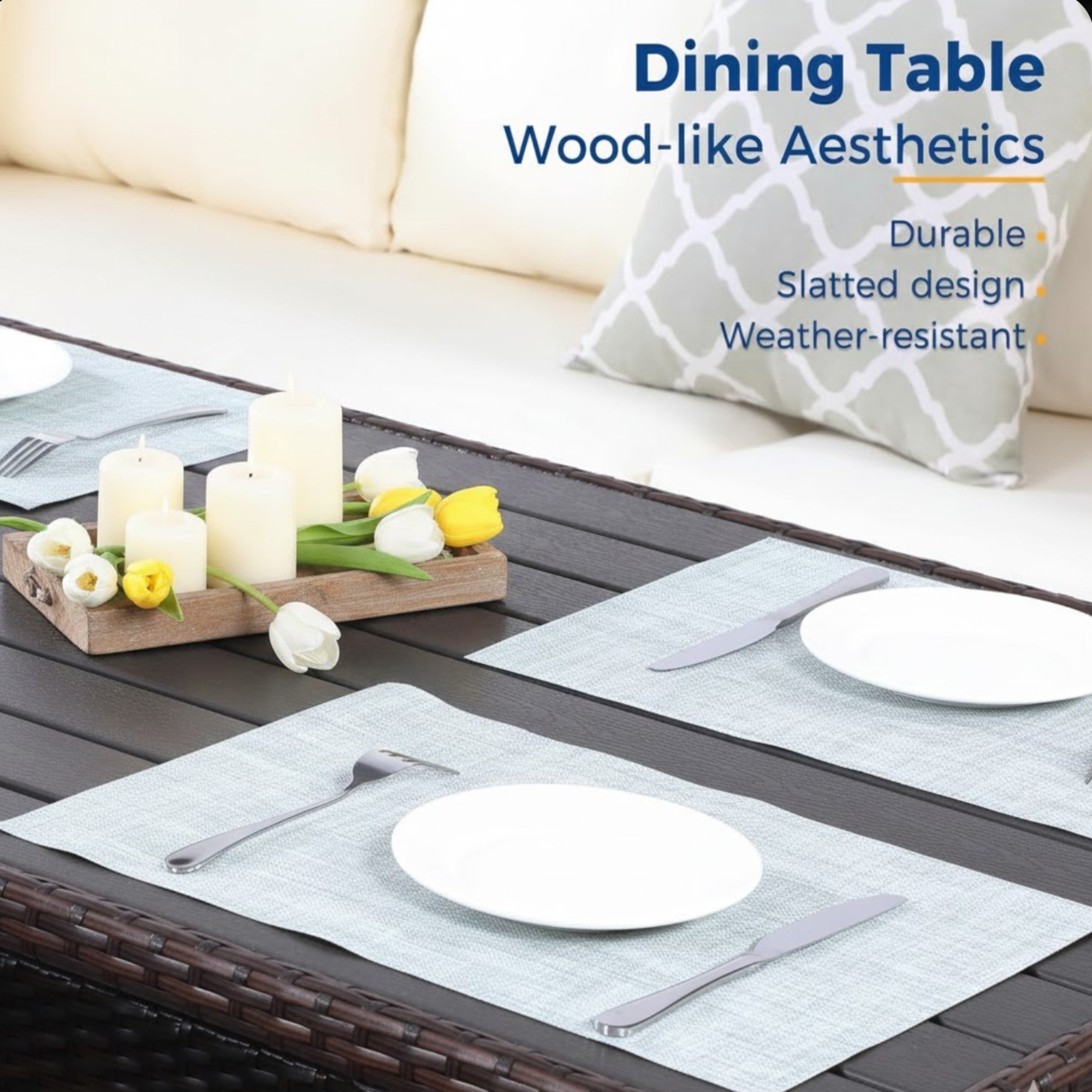 7-Piece All-Weather Wicker Patio Dining Set with Blue Cushions