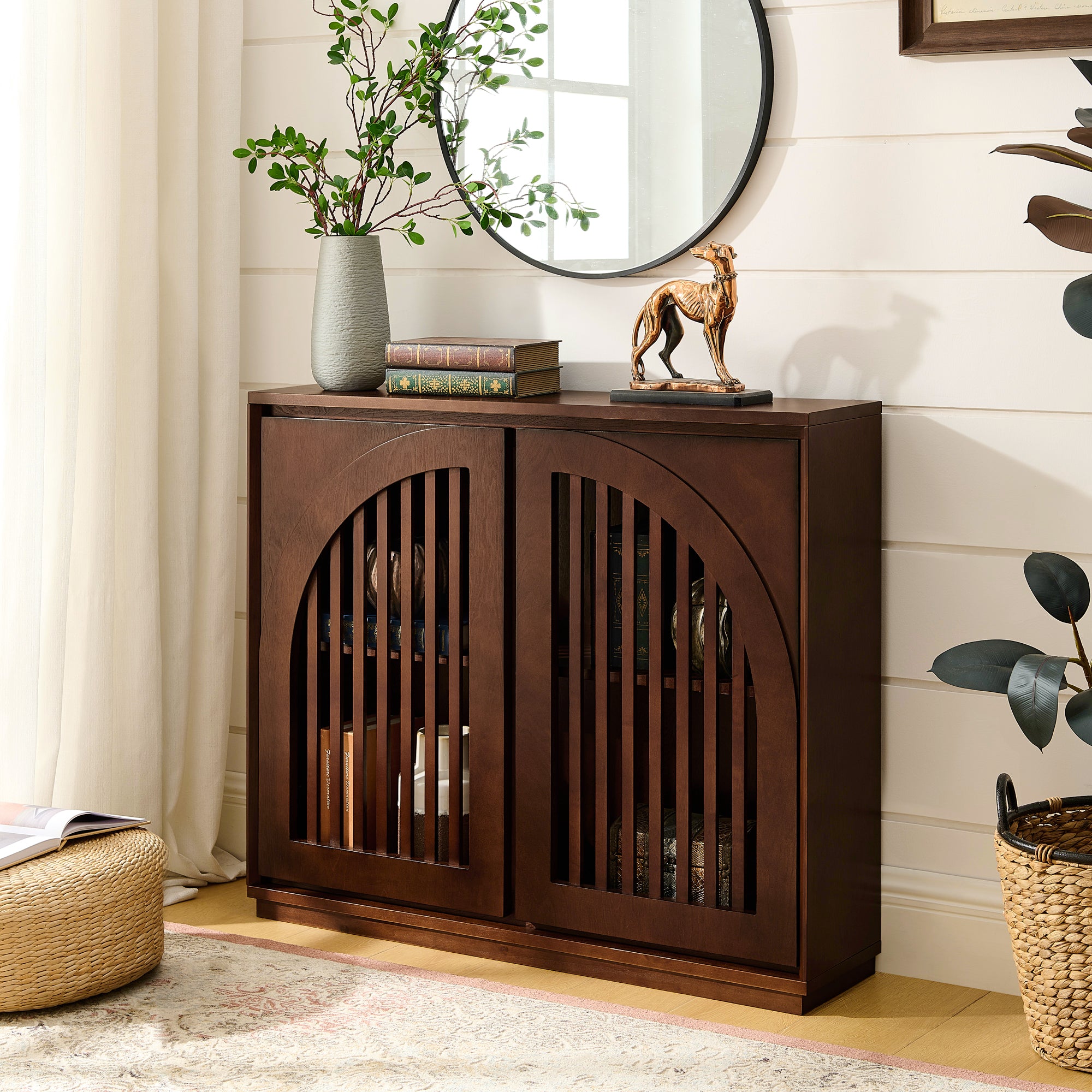 Mid-Century Modern Fluted Narrow Storage Cabinet with 2 Outlet Holes