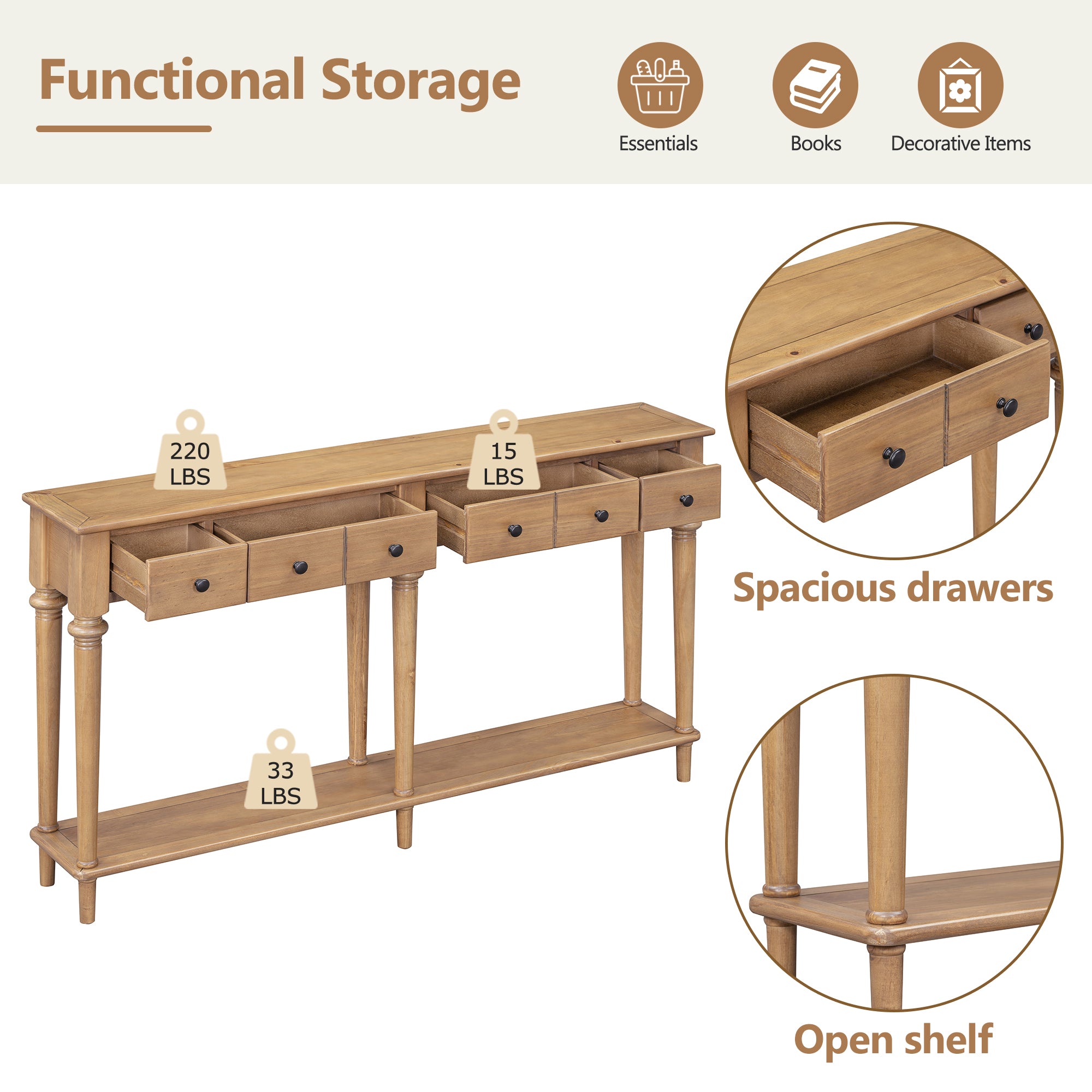 Console Table with 4 Drawers and Open Shelf