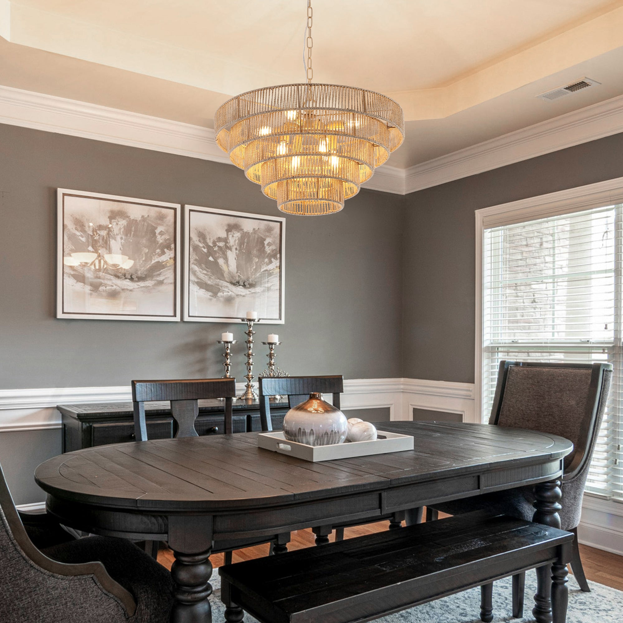5-Tier Rattan Pendant Light with Round Metal Frame