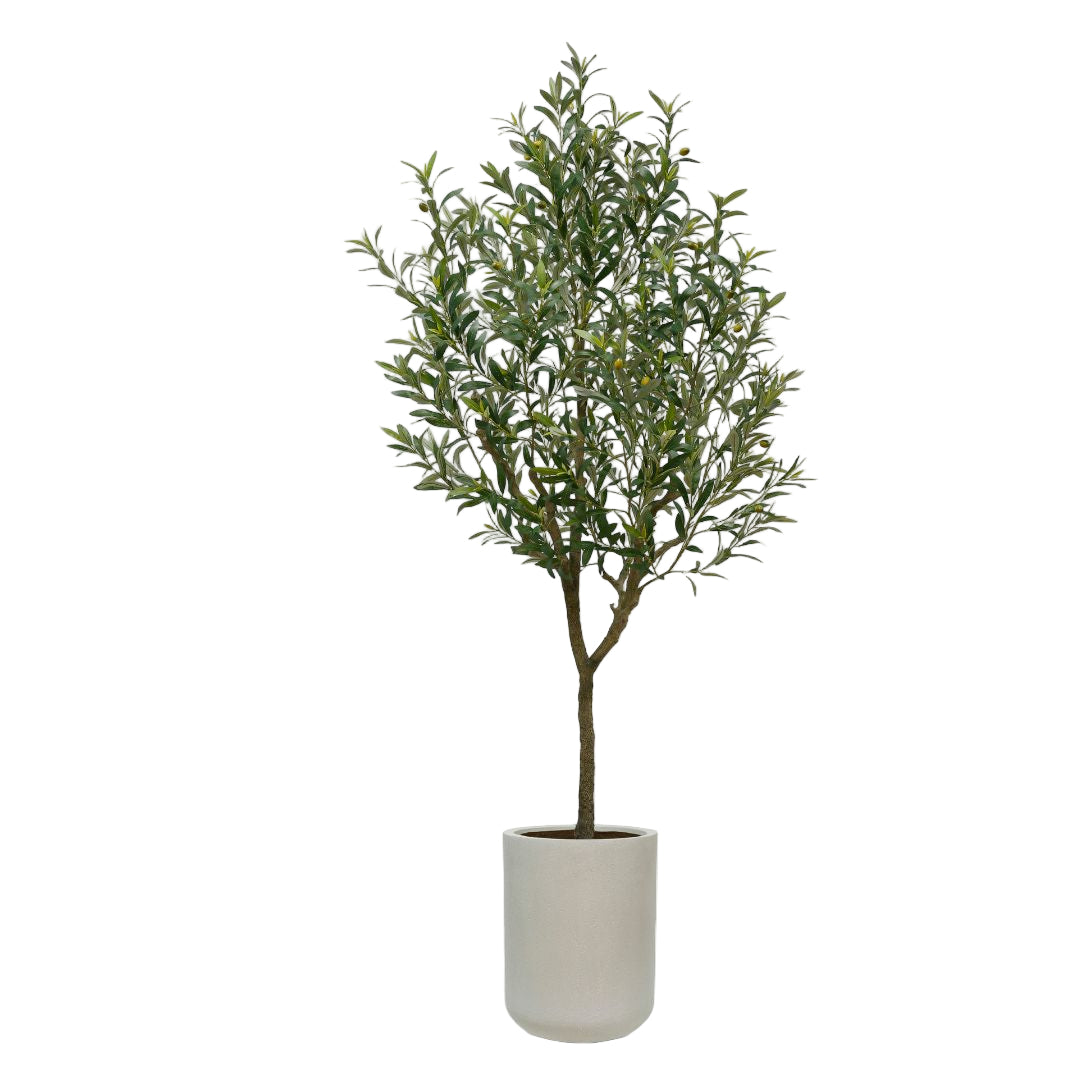 7' Faux Olive Tree with Artisan Planter for Commercial Space on White Background