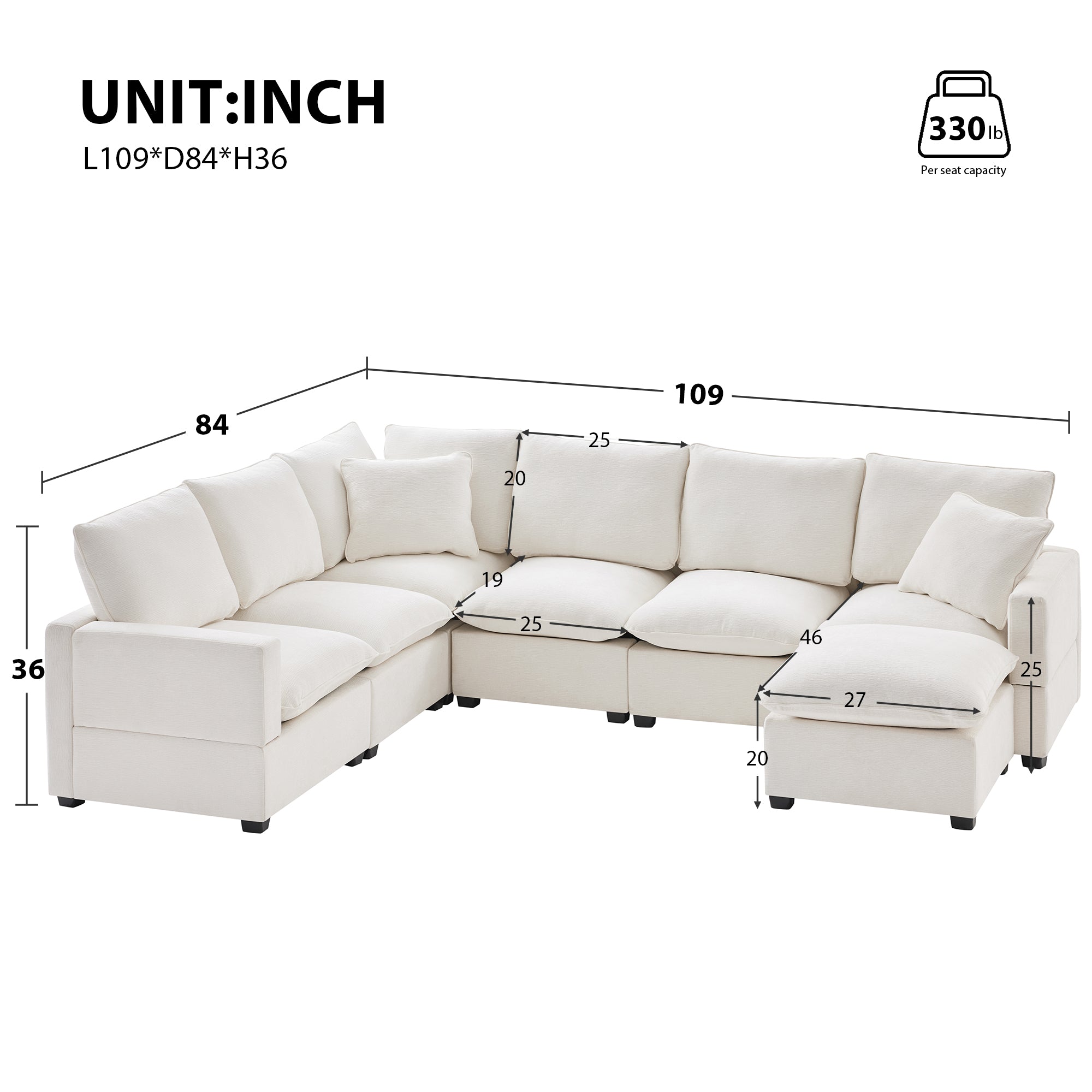 Chenille Modular U-Shape Sectional Sofa, Seats 7