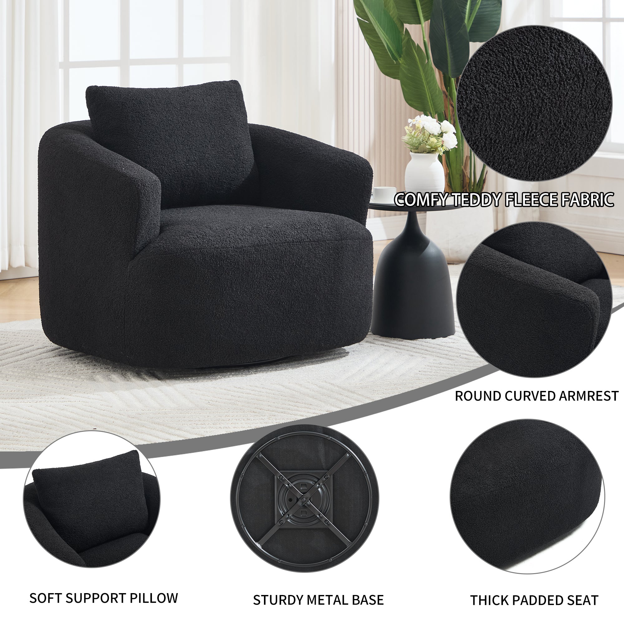 Teddy Fleece 360° Swivel Round Upholstered Comfy Accent Chair With Pillow
