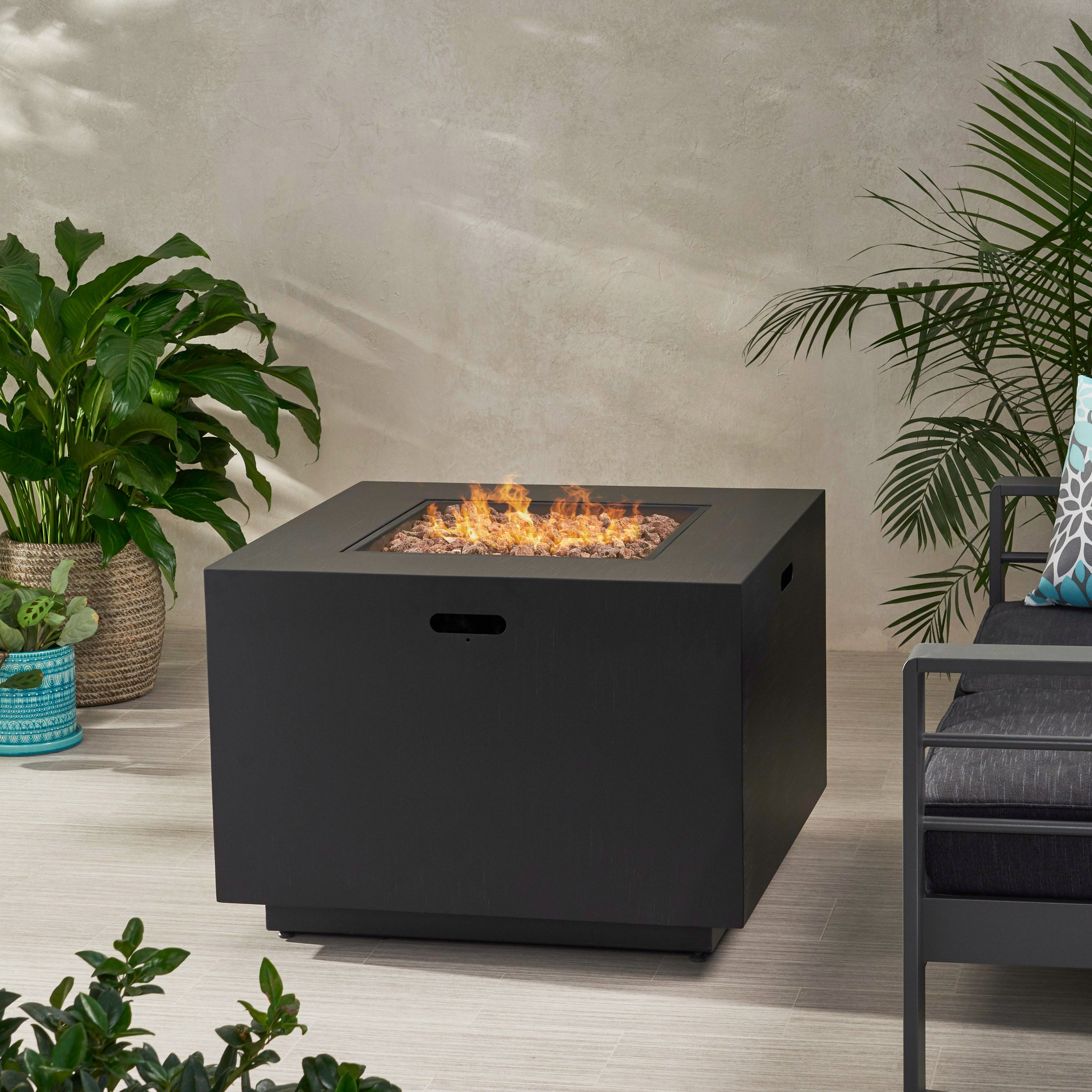 33" Outdoor Iron Square Propane Fire Pit, Tank Inside, 50,000 BTU