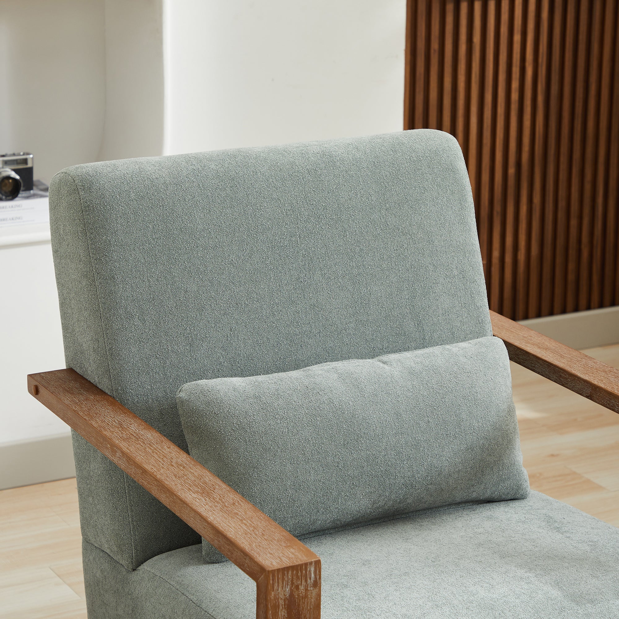 Upholstered Swivel Chair with Open Arms Design and Wood Base