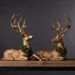 Laying-Deer-Figurine-with-Holly-Wreath-(set-of-2)-Gold-Decor