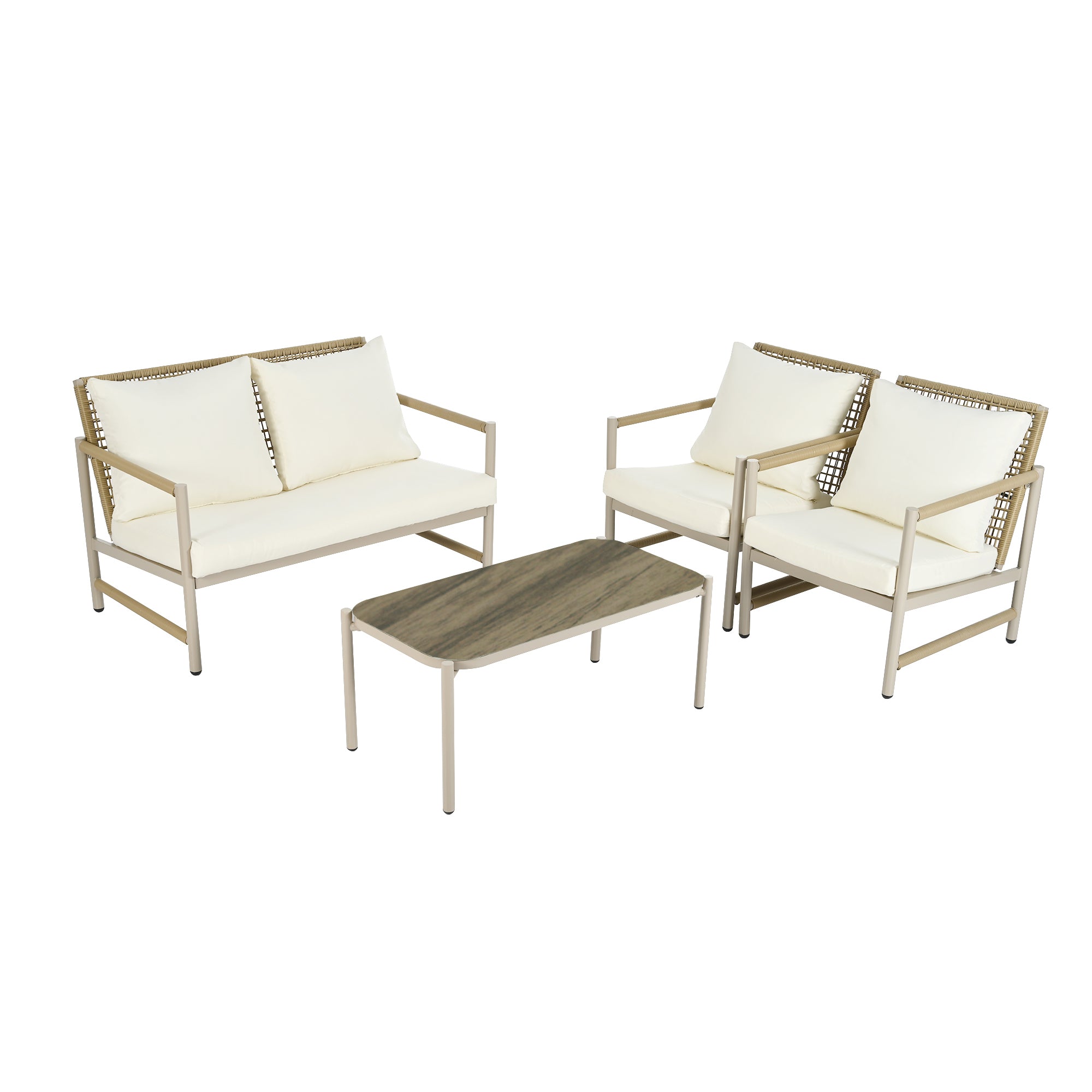 4-Piece PE Rattan Patio Set with Glass Tabletop, Loveseat and 2 Single Sofas