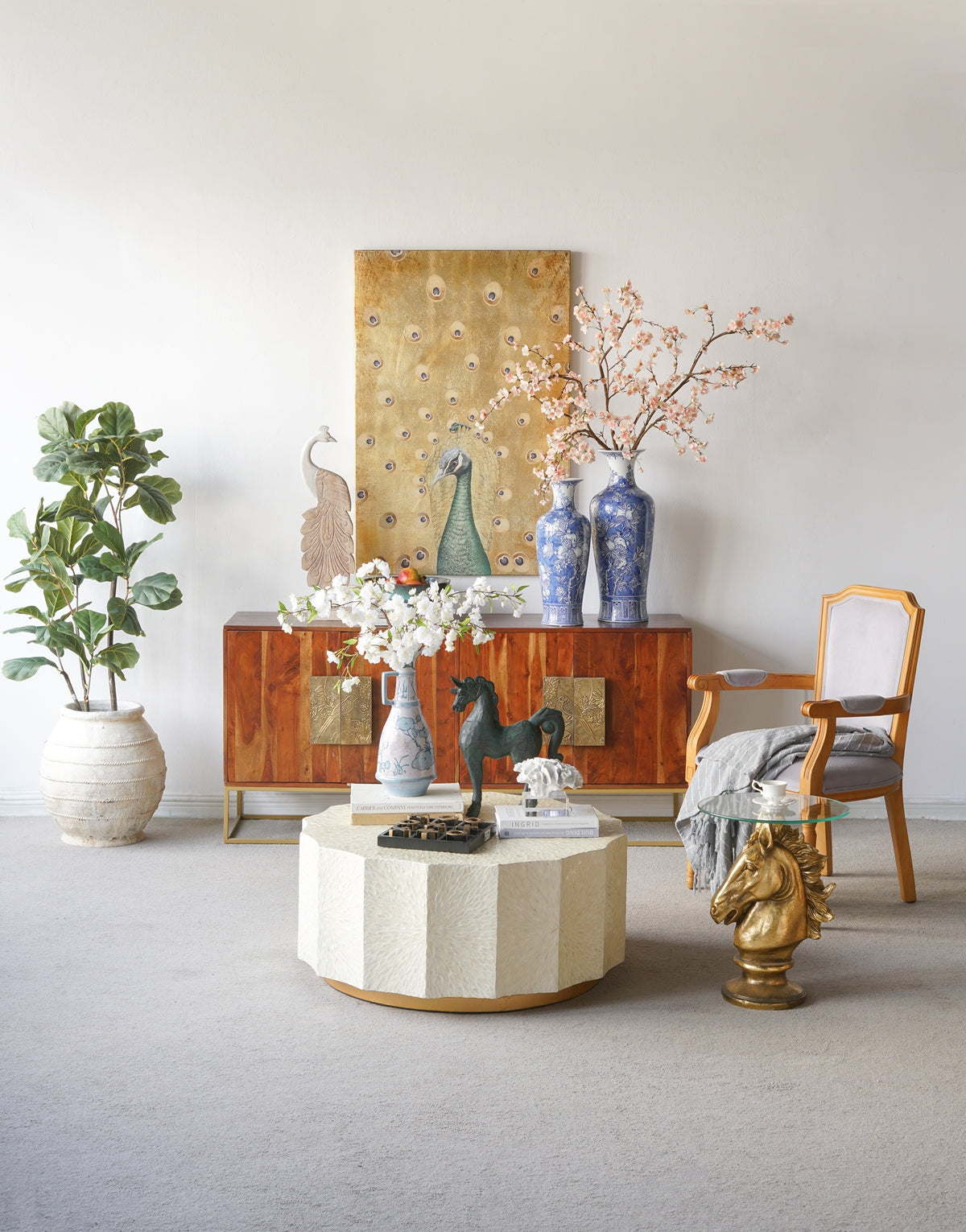 Hand-Painted Peacock Wall Art with Textured Gold Background, 30.7" x 46.5"