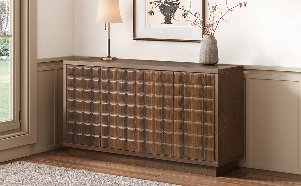 Modern 4-Door Storage Cabinet with 3D Geometric Doors & Metal Trim