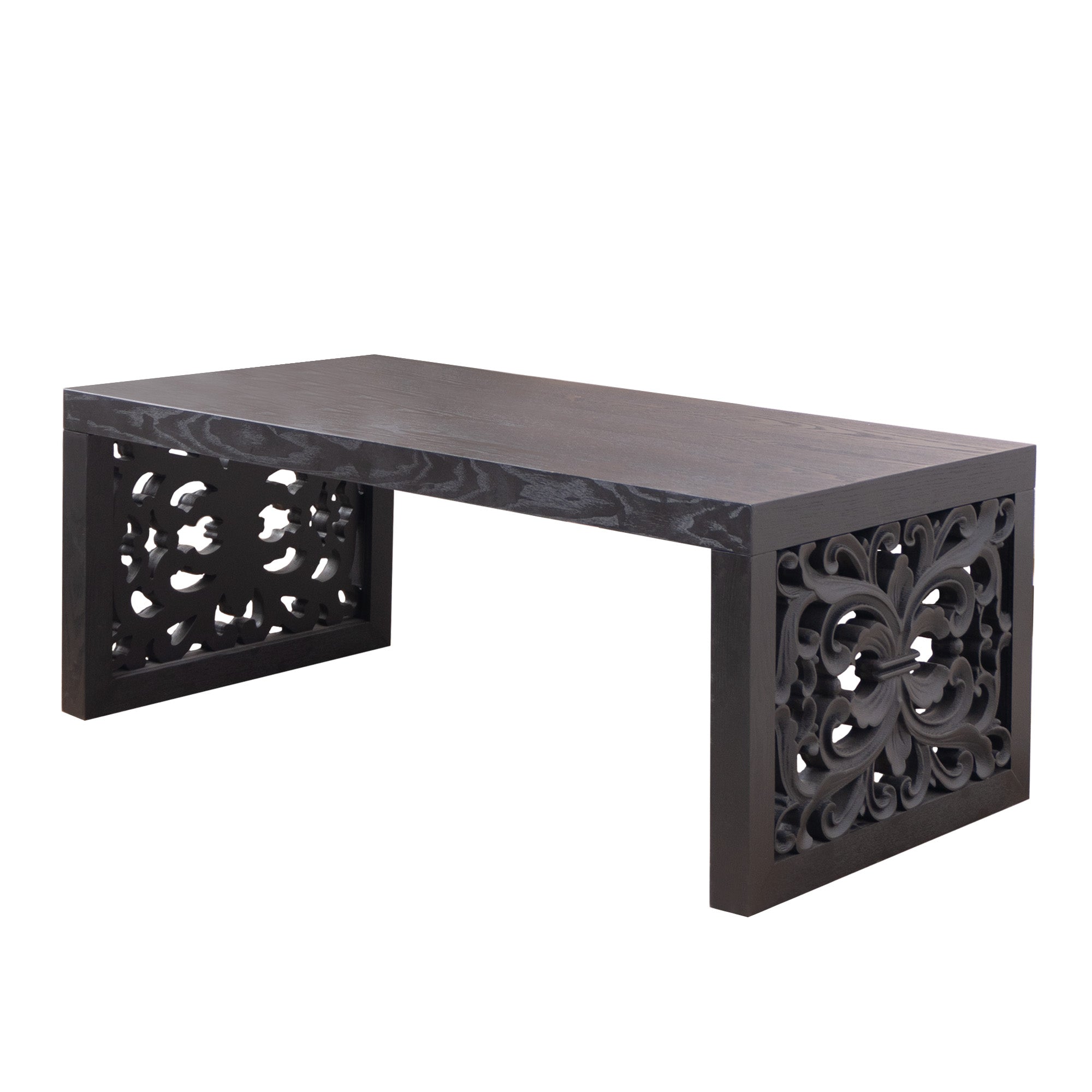 Handcrafted Rustic Wood Coffee Table with Ornate Side Panels
