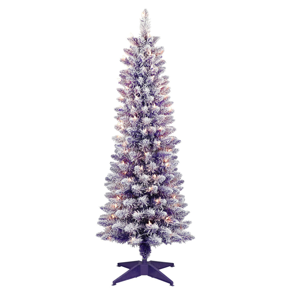 4.5 ft Pre-lit Flocked Fashion Purple Pencil Artificial Christmas Tree with Clear Lights & Metal Stand