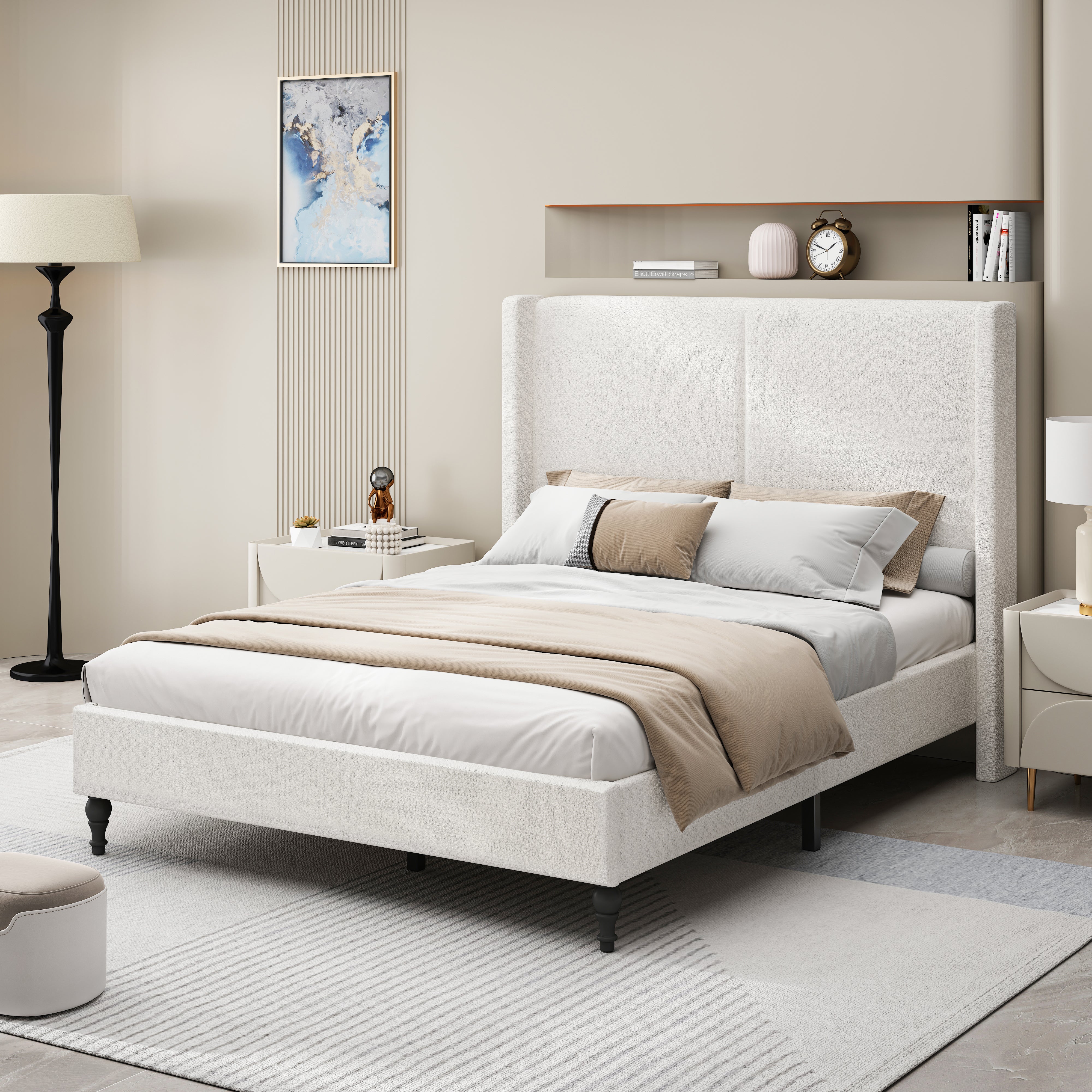 Bed Frame with 55.5"High Back Boucle Upholstered Headboard