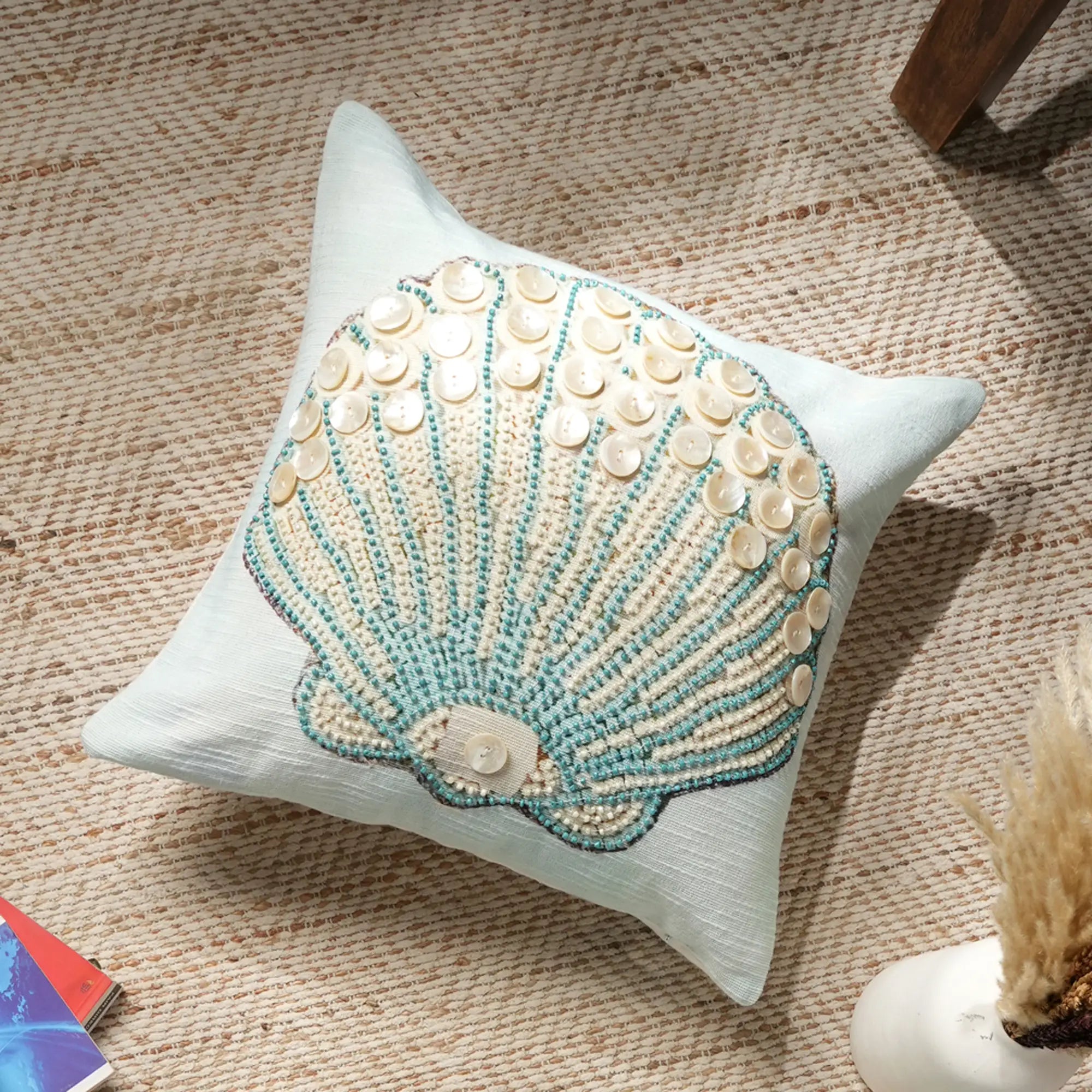 Print & Beadwork Seashell Pillow