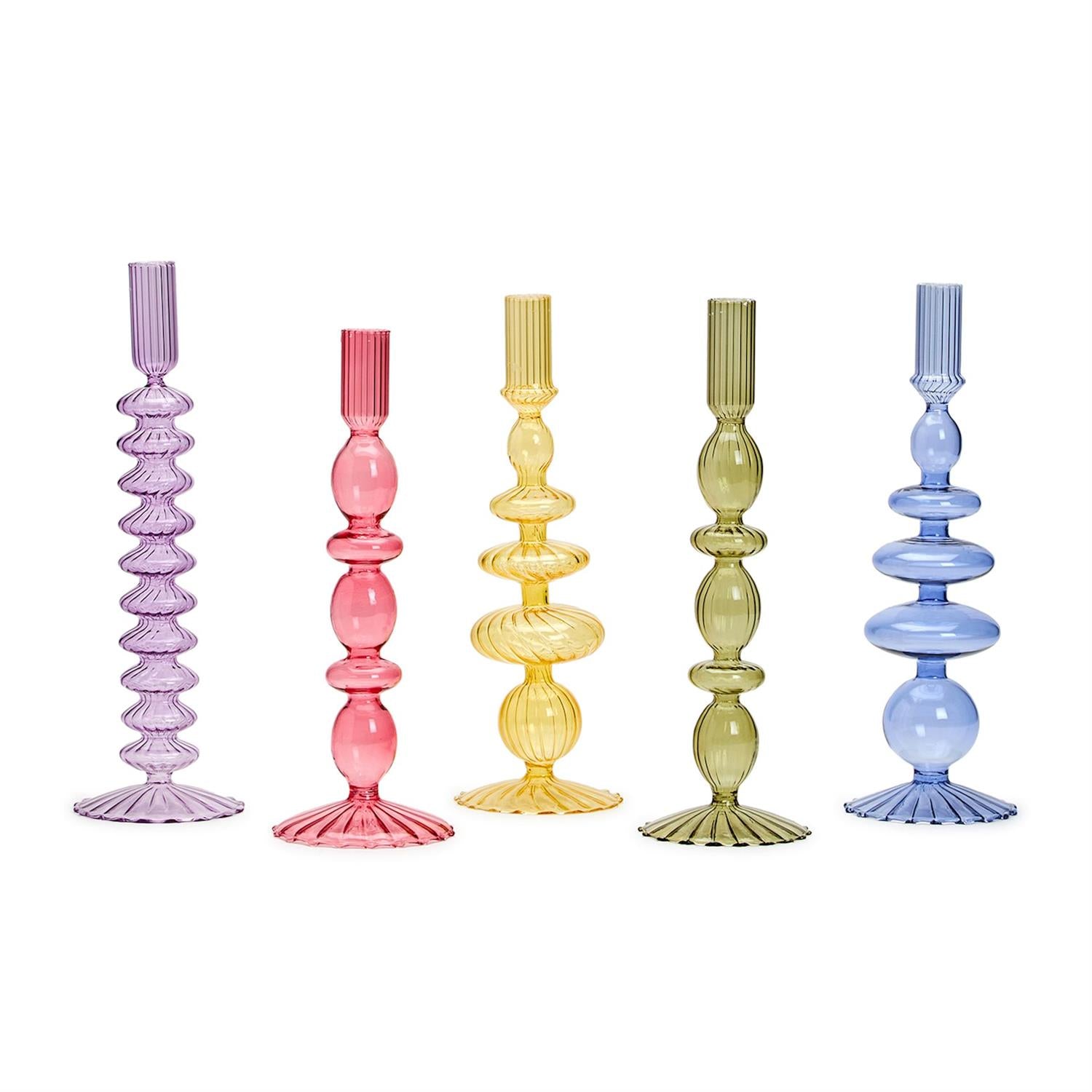 Hand-Blown Glass Taper Candlestick Candleholders Incl 5 Colors, Set of 5