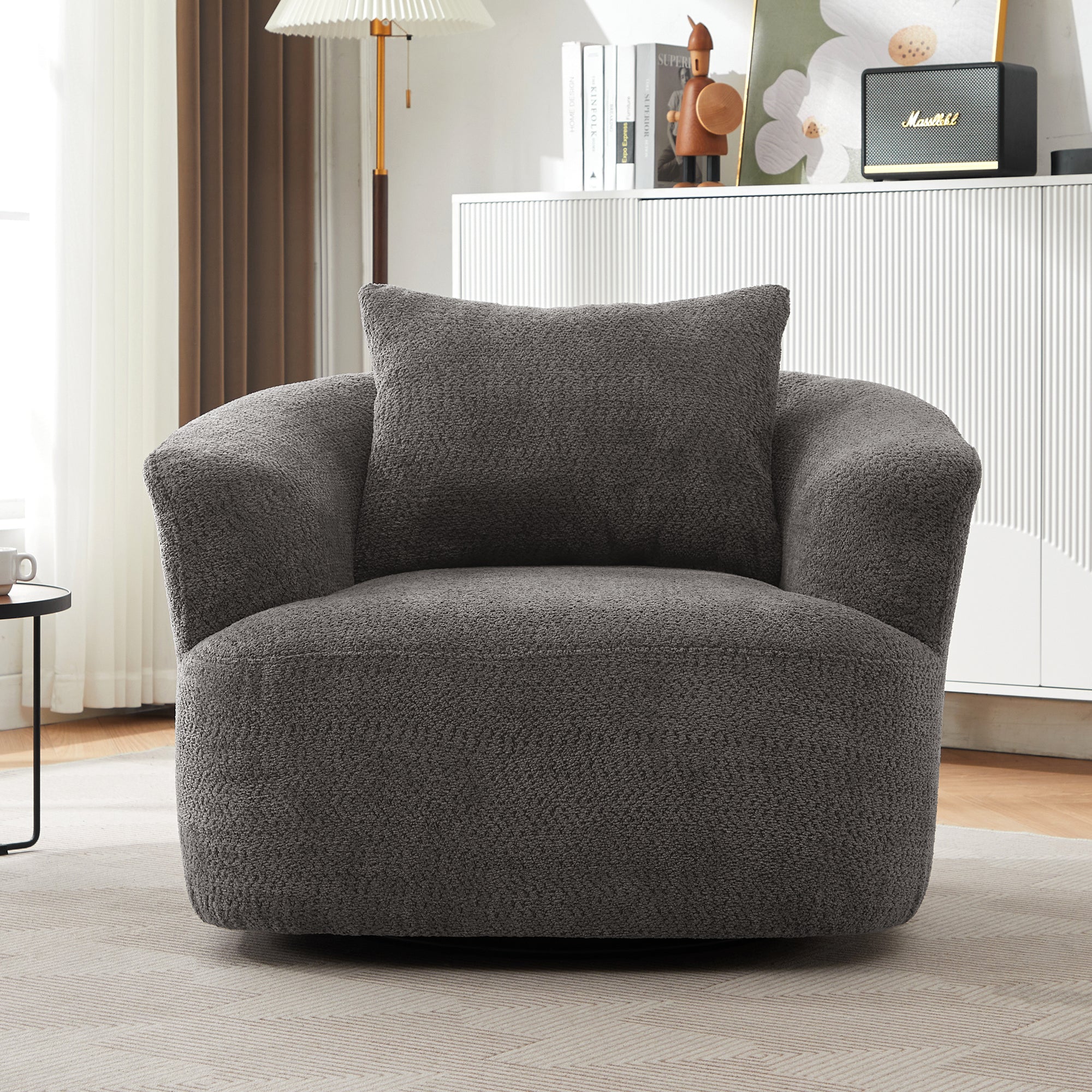 360° Swivel Barrel Chenille Upholstered Accent Chair with Throw Pillow